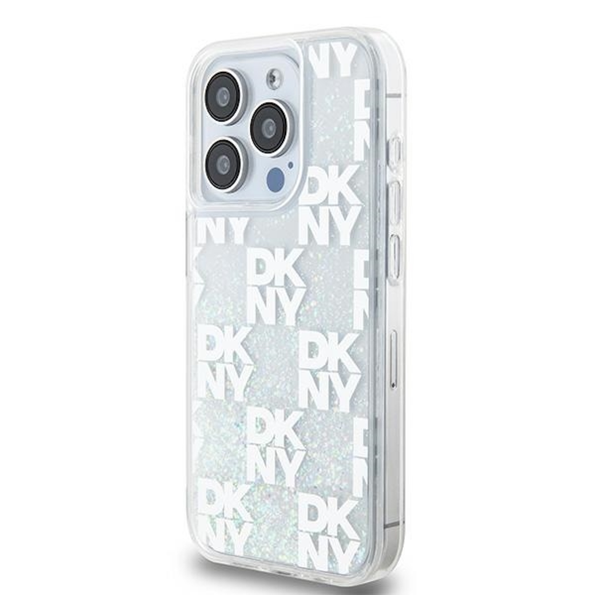 Una custodia trasparente per telefono con motivo logo DKNY e glitter argentati.