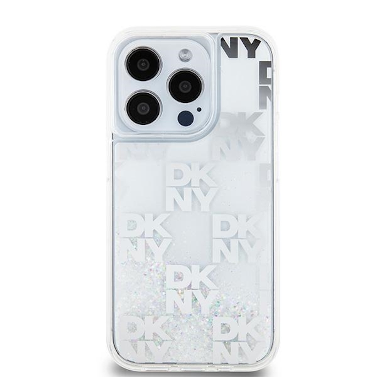 Custodia bianca per telefono con logo DKNY e glitter all'interno. La custodia è su sfondo bianco.