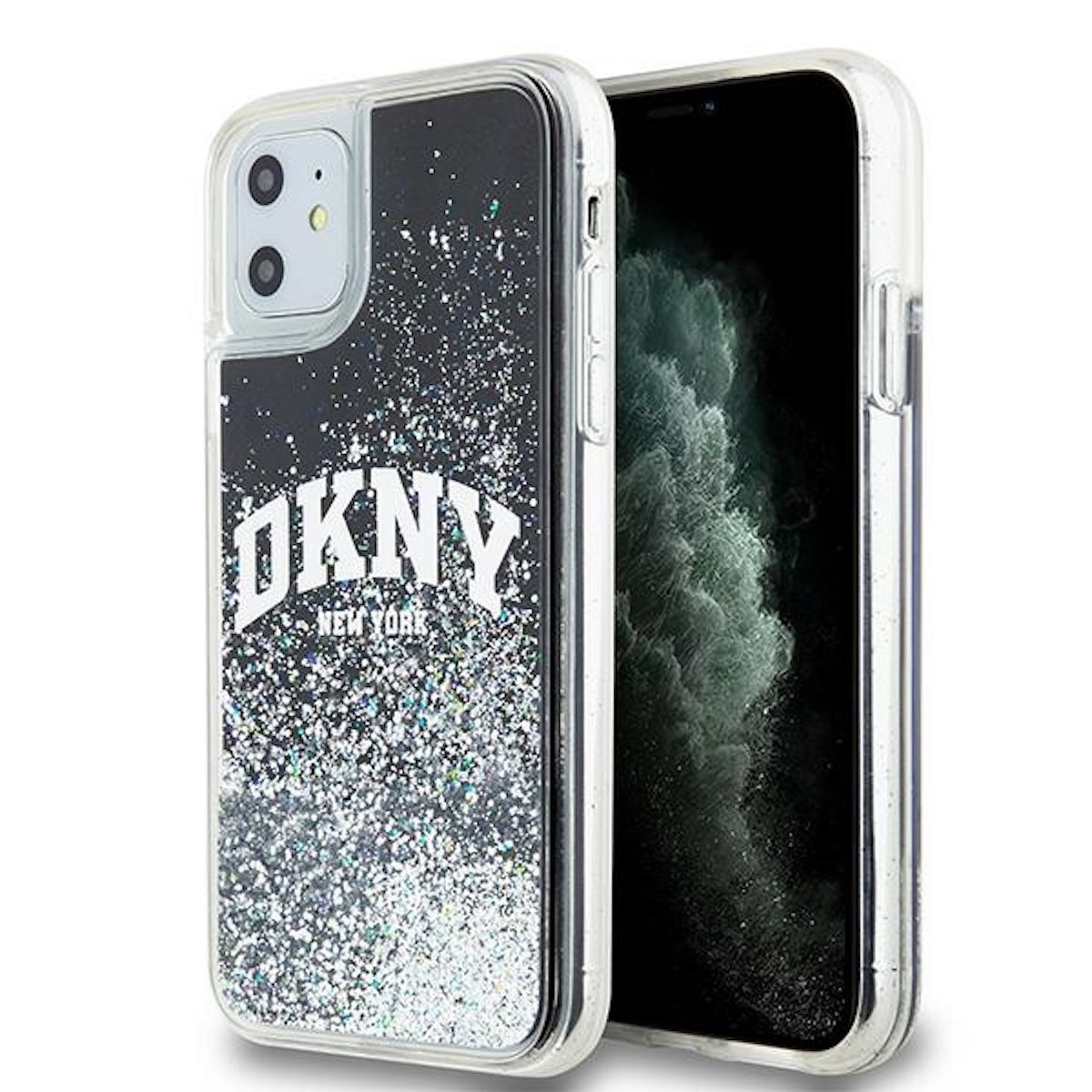 Una custodia per telefono con logo DKNY e glitter. Un telefono è all'interno della custodia.