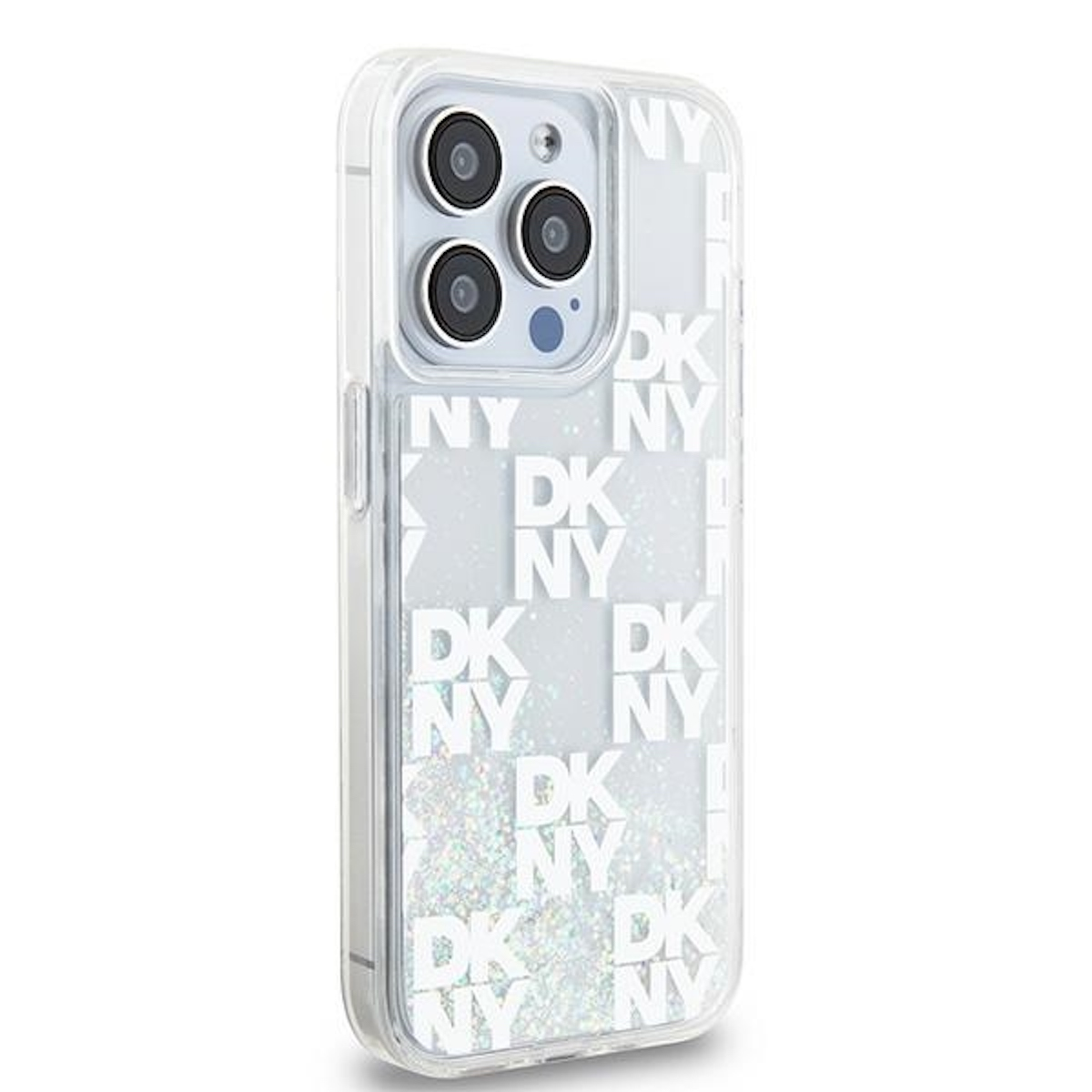 Una custodia trasparente per iPhone con le lettere 'DKNY' ripetute in bianco, con glitter all'interno.