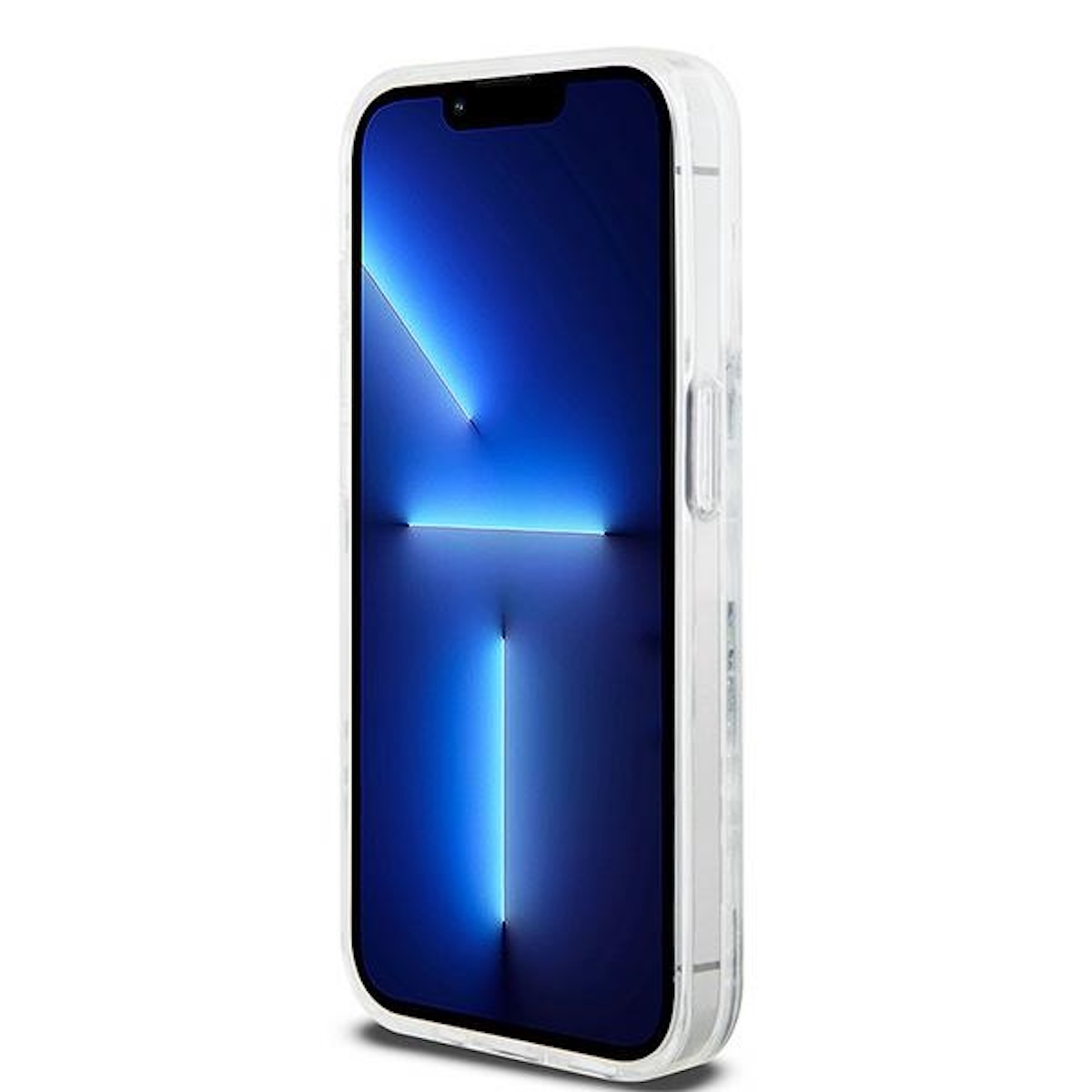 Uno smartphone con schermo blu, racchiuso in una custodia protettiva trasparente.