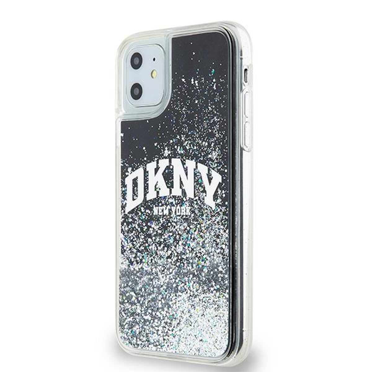 Una custodia trasparente per telefono con un design glitterato nero e argento e testo bianco 'DKNY'.