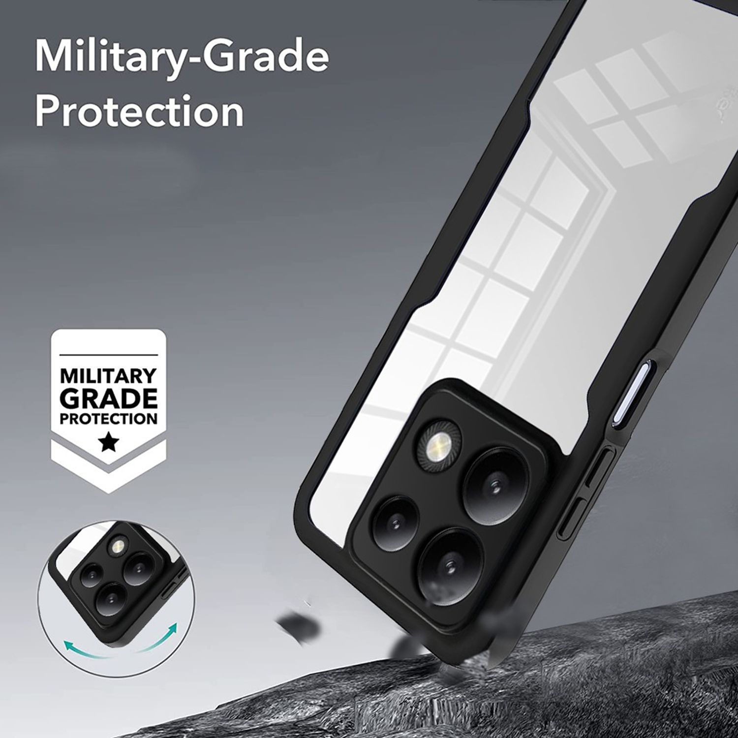 Nahaufnahme einer Handyhülle mit Telefon, zeigt militärischen Schutz.