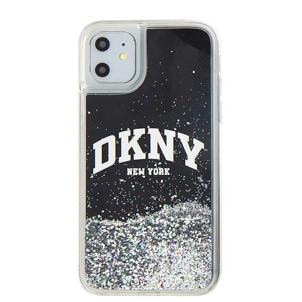 Custodia per telefono nera con logo DKNY, glitter e sezione trasparente per la fotocamera.