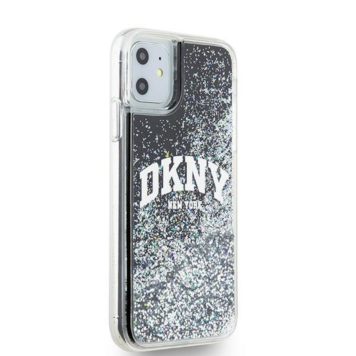 Custodia trasparente per telefono con logo DKNY e glitter, sfondo nero, su superficie bianca.