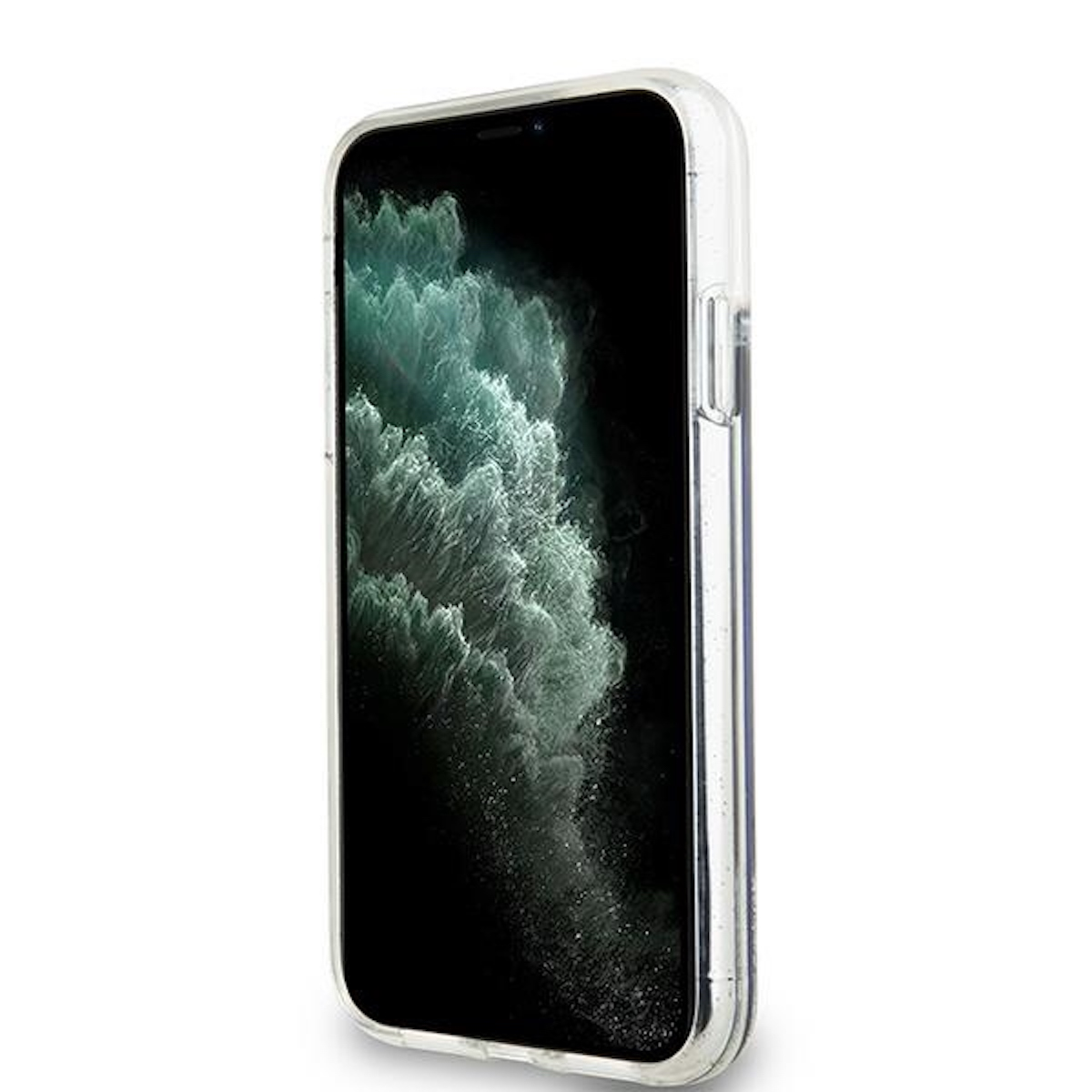 Smartphone in una custodia trasparente. Lo schermo è scuro, con sfumature verdi.