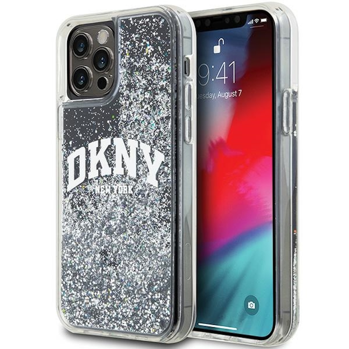 Un telefono in una custodia trasparente riempita di glitter. La custodia mostra il logo DKNY su sfondo nero.
