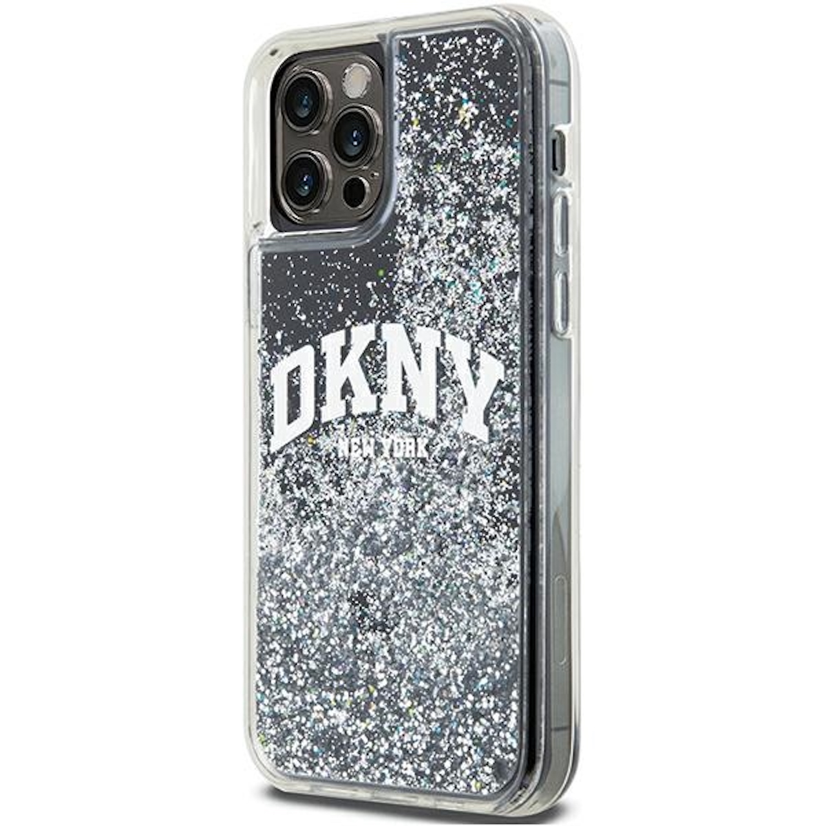 Custodia per telefono con logo DKNY New York. Design glitter argento. Bordi in plastica trasparente. La custodia è per iPhone.