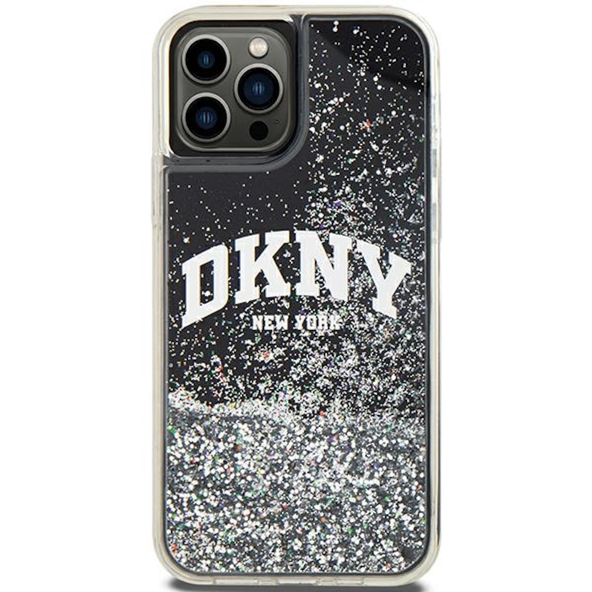 Custodia per telefono nera con glitter e logo DKNY bianco su sfondo nero.