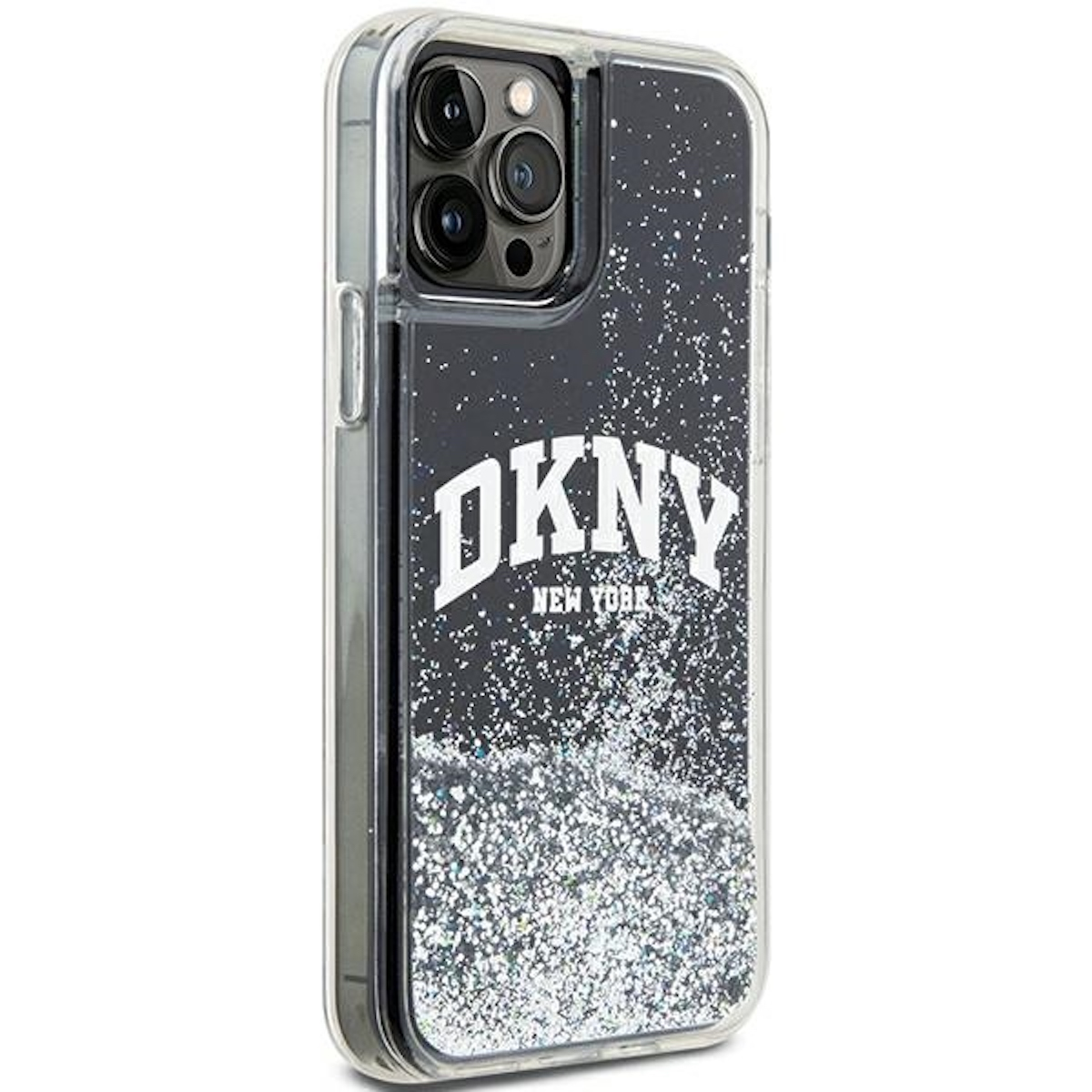 Una custodia per telefono con logo DKNY e design glitterato. Bordi trasparenti e sfondo nero.