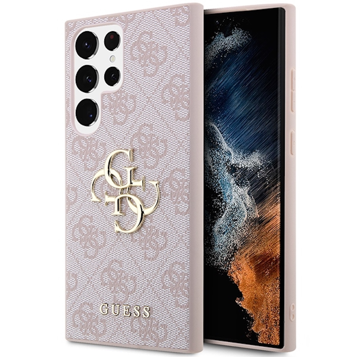 Eine rosa Handyhülle mit Guess-Logo und einem Telefon darin, auf weißem Hintergrund.