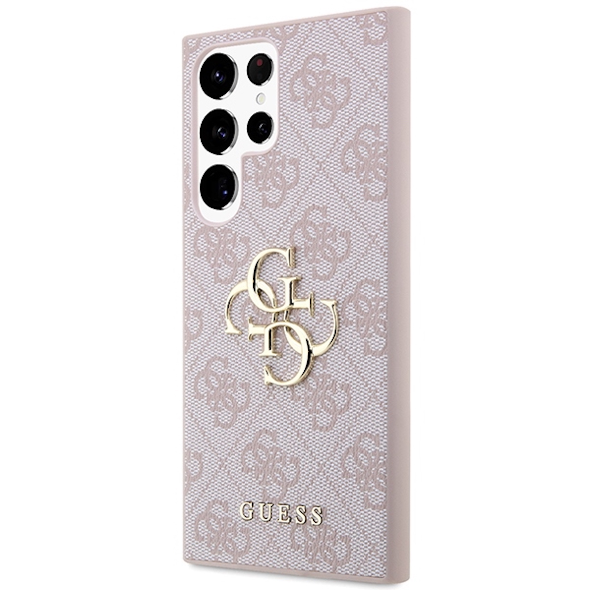 Eine Handyhülle mit Guess-Logo. Sie ist rosa und hat ein sich wiederholendes Muster des Guess-Logos.
