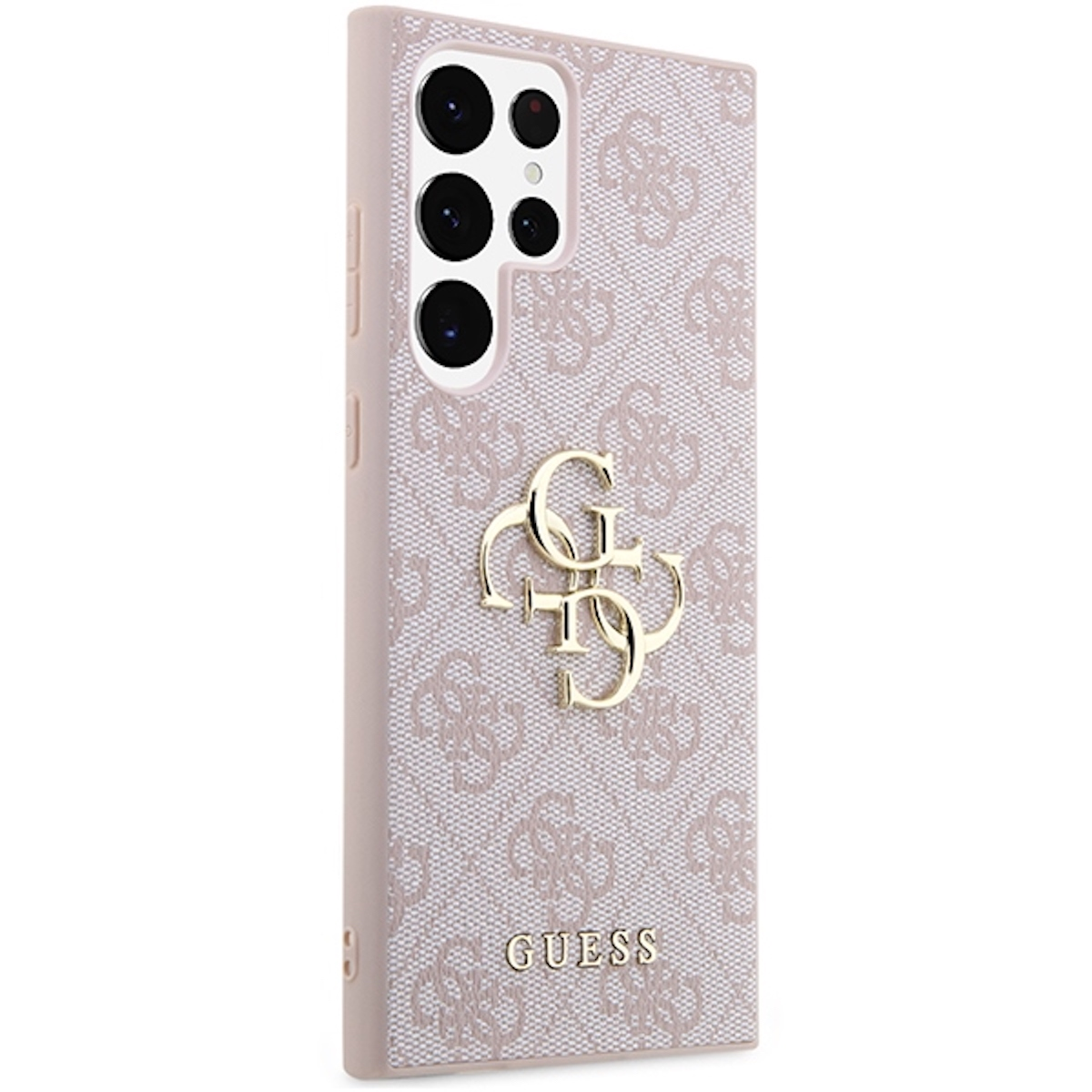 Rosa Handyhülle mit Guess-Logo. Die Hülle hat ein gemustertes Design und das Guess-Logo.