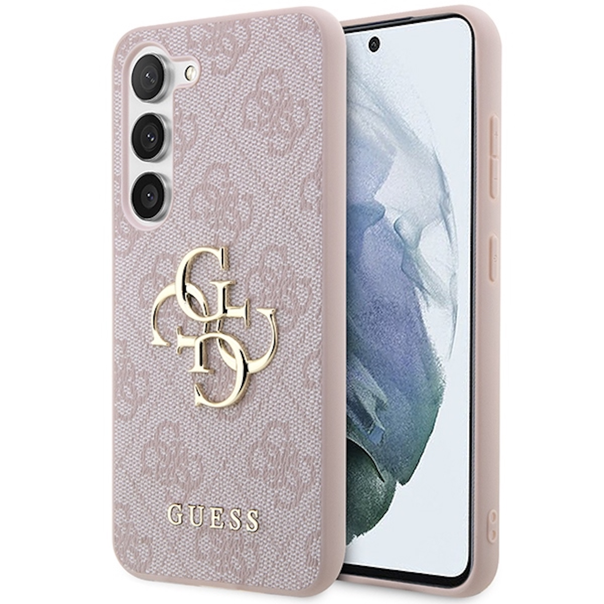 Custodia per telefono rosa con logo dorato e telefono all'interno. Sfondo bianco.