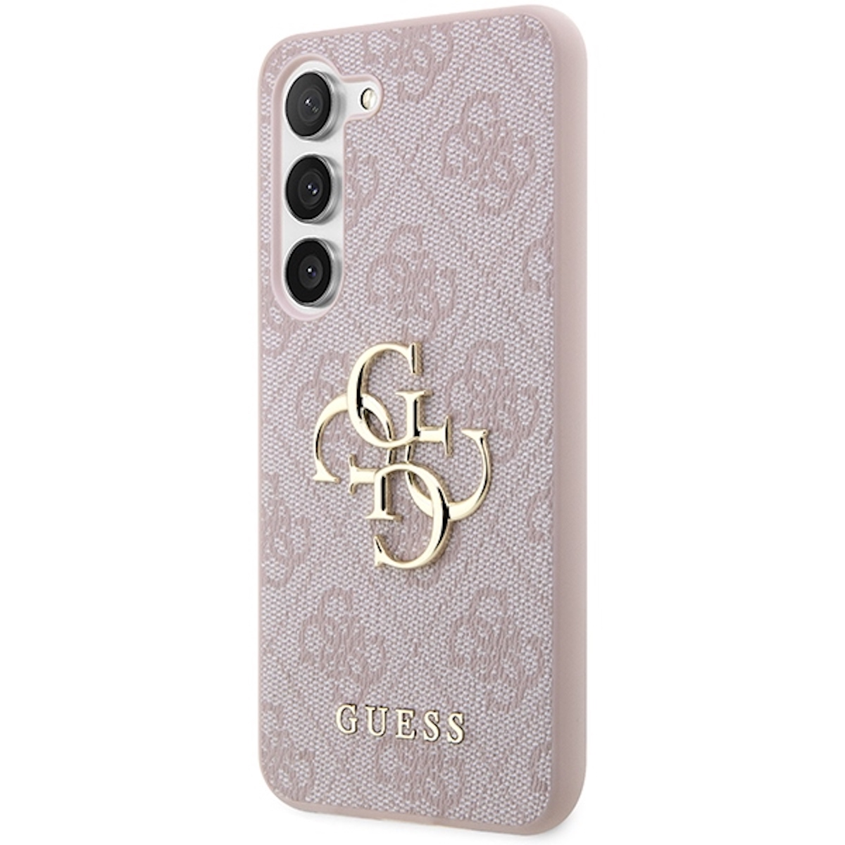 Una custodia per telefono rosa con il logo Guess, che mostra il retro di un telefono.