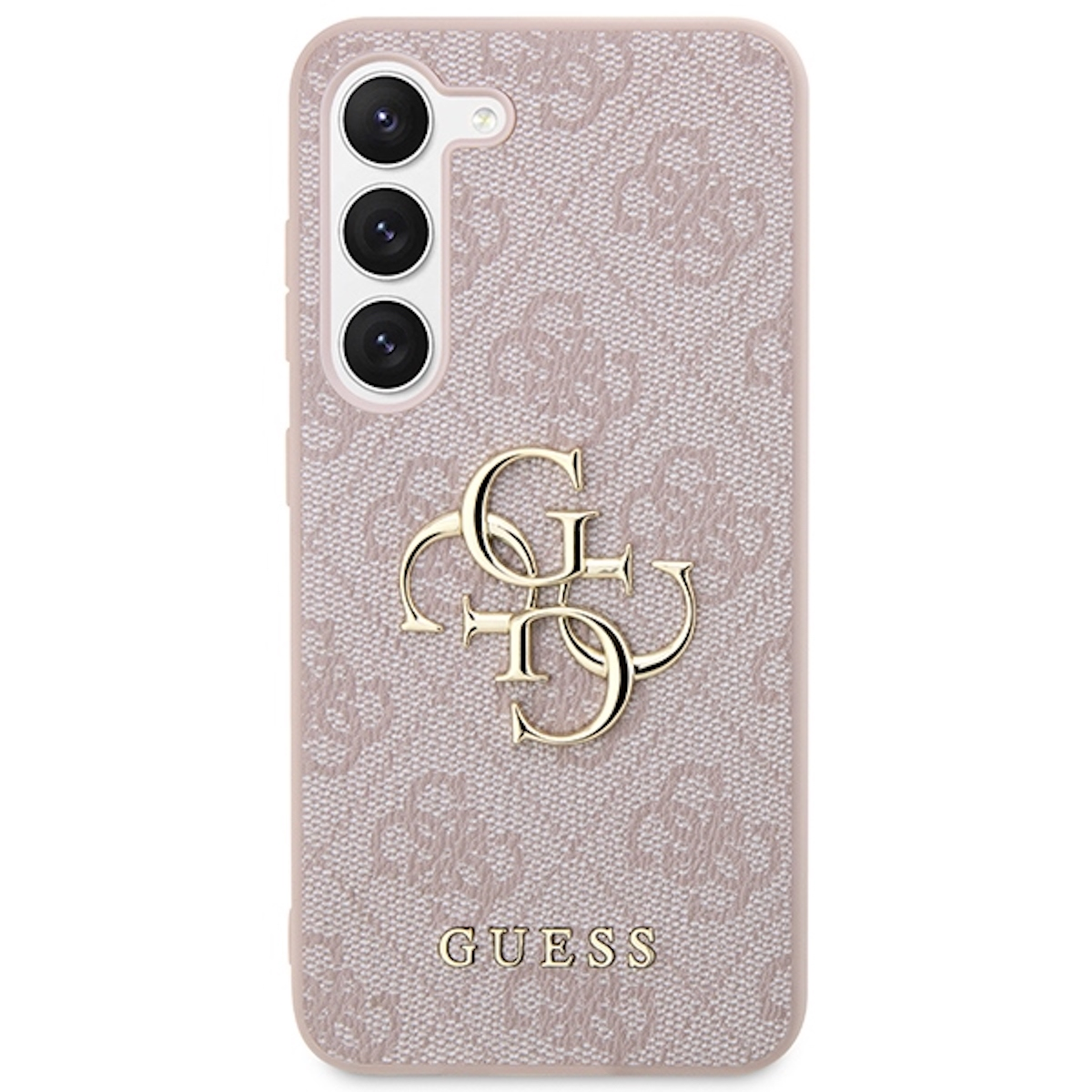 Custodia per telefono rosa con logo Guess. La custodia ha un motivo strutturato e tre obiettivi della fotocamera.