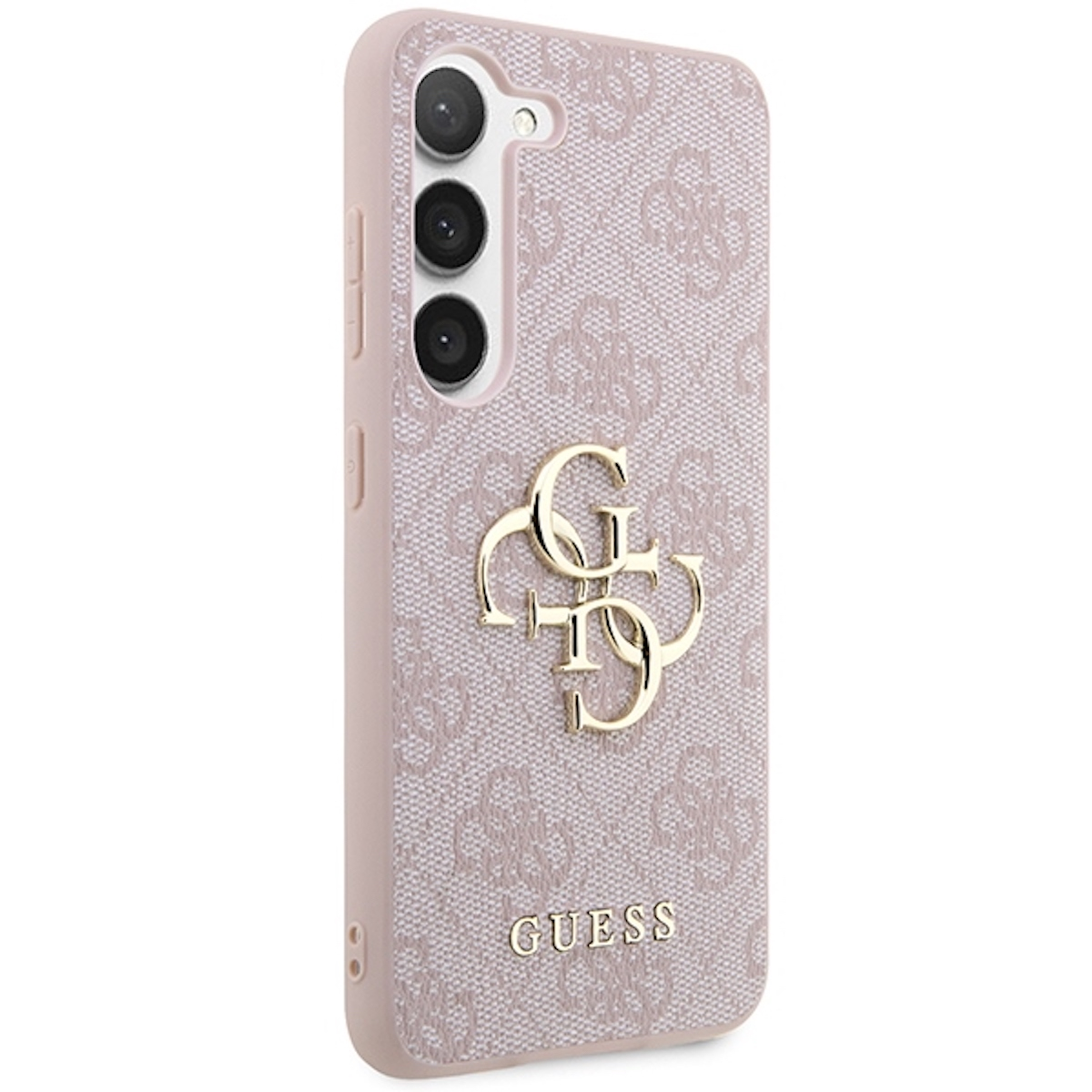 Una custodia per telefono rosa con motivo monogramma e logo dorato. Il telefono ha tre fotocamere.