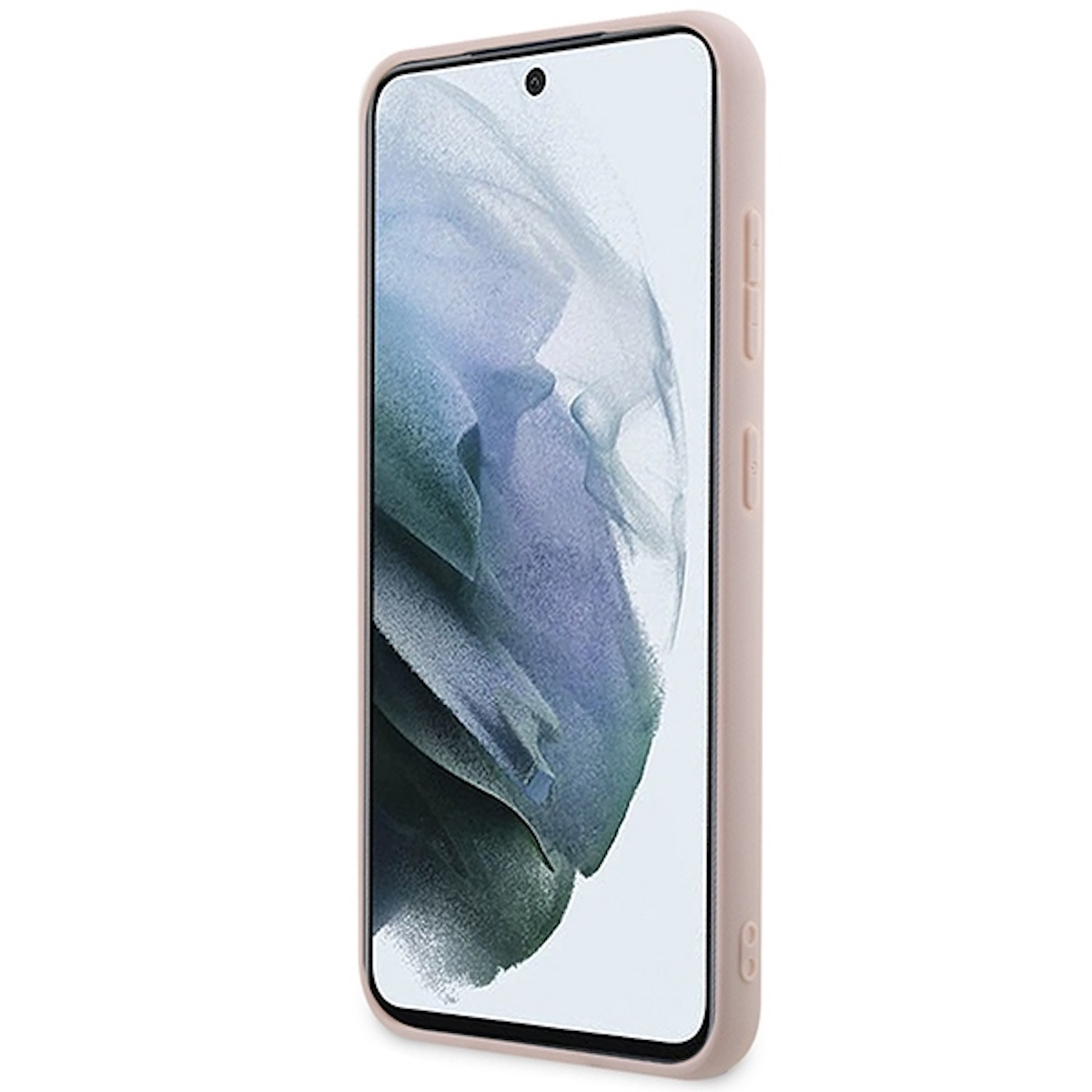 Smartphone rosa in una custodia rosa, leggermente angolato. Sfondo bianco.