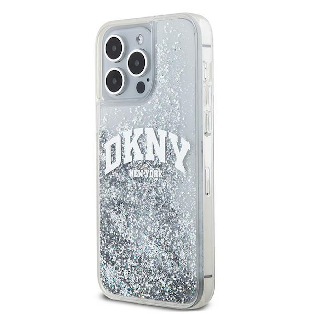 Transparente Handyhülle mit DKNY New York Logo und Glitzer. Die Hülle ist auf weißem Hintergrund.