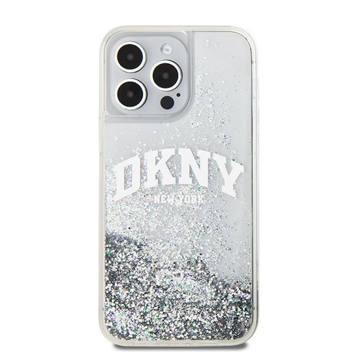 Eine DKNY-Handyhülle mit klarem, glitzergefülltem Flüssigkeitshintergrund. Das DKNY-Logo befindet sich oben in Weiß.