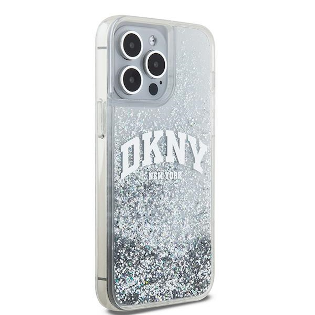 Eine DKNY-Handyhülle mit Glitzer und dem DKNY-Logo. Es ist eine transparente Hülle.