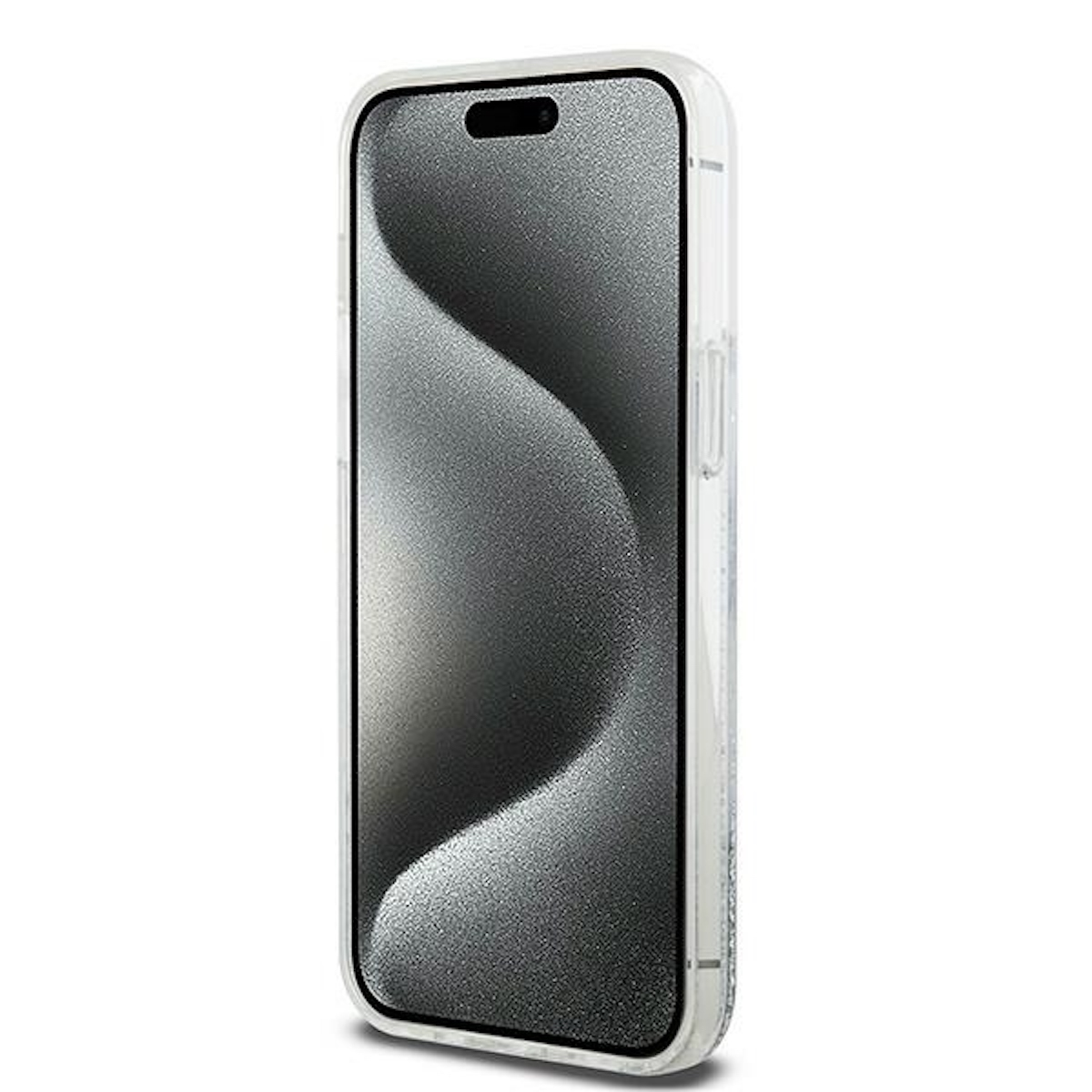 Smartphone mit transparentem Gehäuse, silbernem Glitzerrahmen, schwarzem Bildschirm.