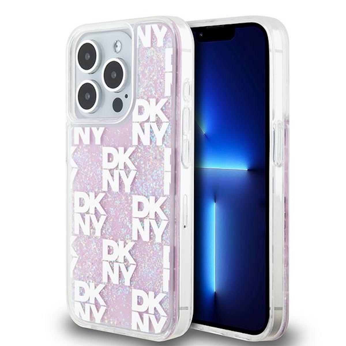 Telefono con custodia DKNY glitterata rosa. Il telefono è nella custodia, con la fotocamera visibile.