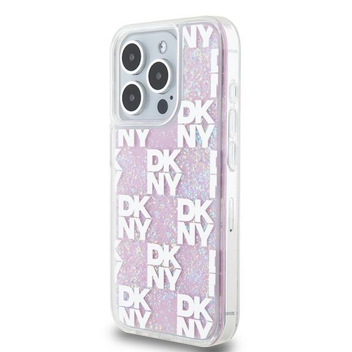 Custodia trasparente per telefono con glitter rosa, lettere bianche e obiettivo della fotocamera.