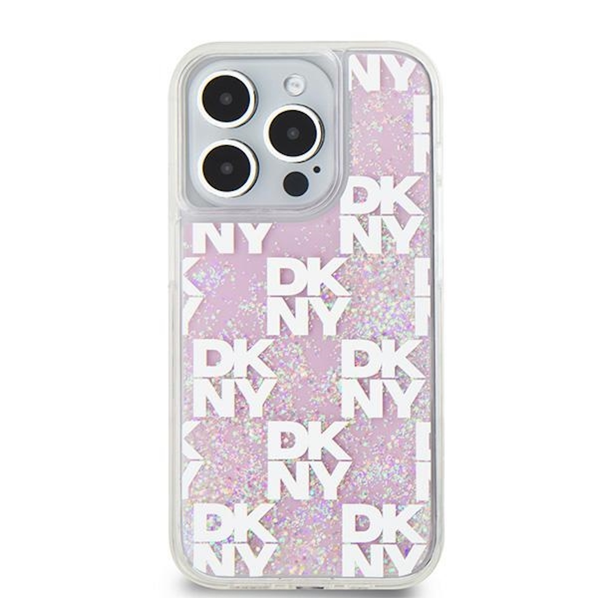 Custodia per telefono DKNY rosa con glitter e motivo con logo NY. Lati trasparenti. Sfondo bianco.