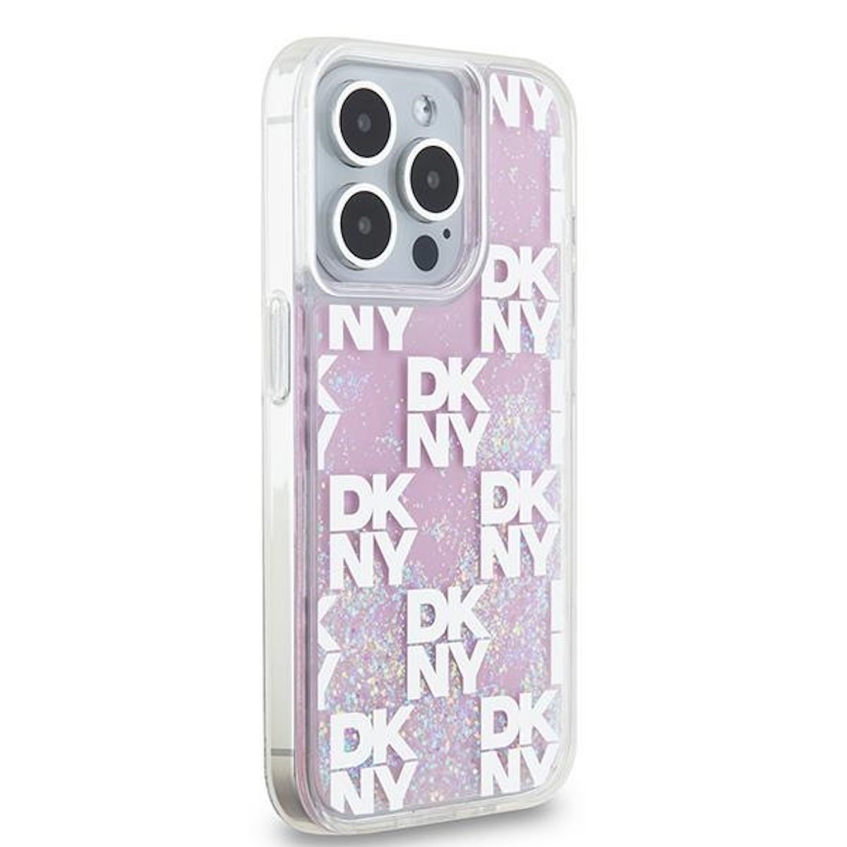 Custodia trasparente per iPhone con glitter rosa, lettere DKNY bianche e ritaglio fotocamera.
