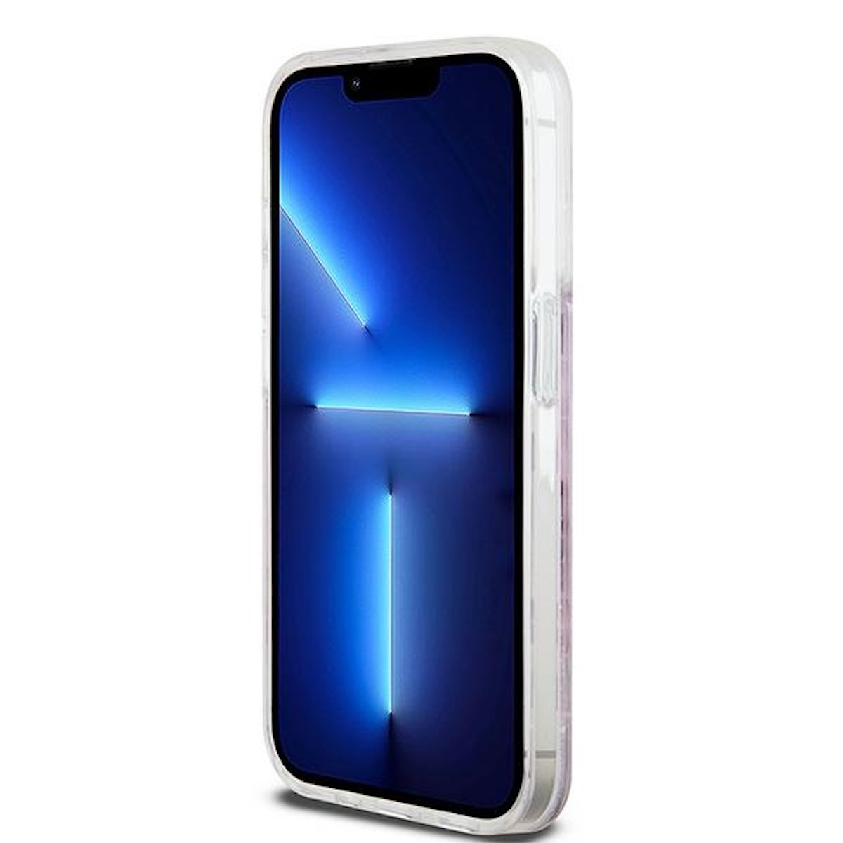 Uno smartphone in una custodia trasparente, lo schermo mostra un design astratto blu e nero.
