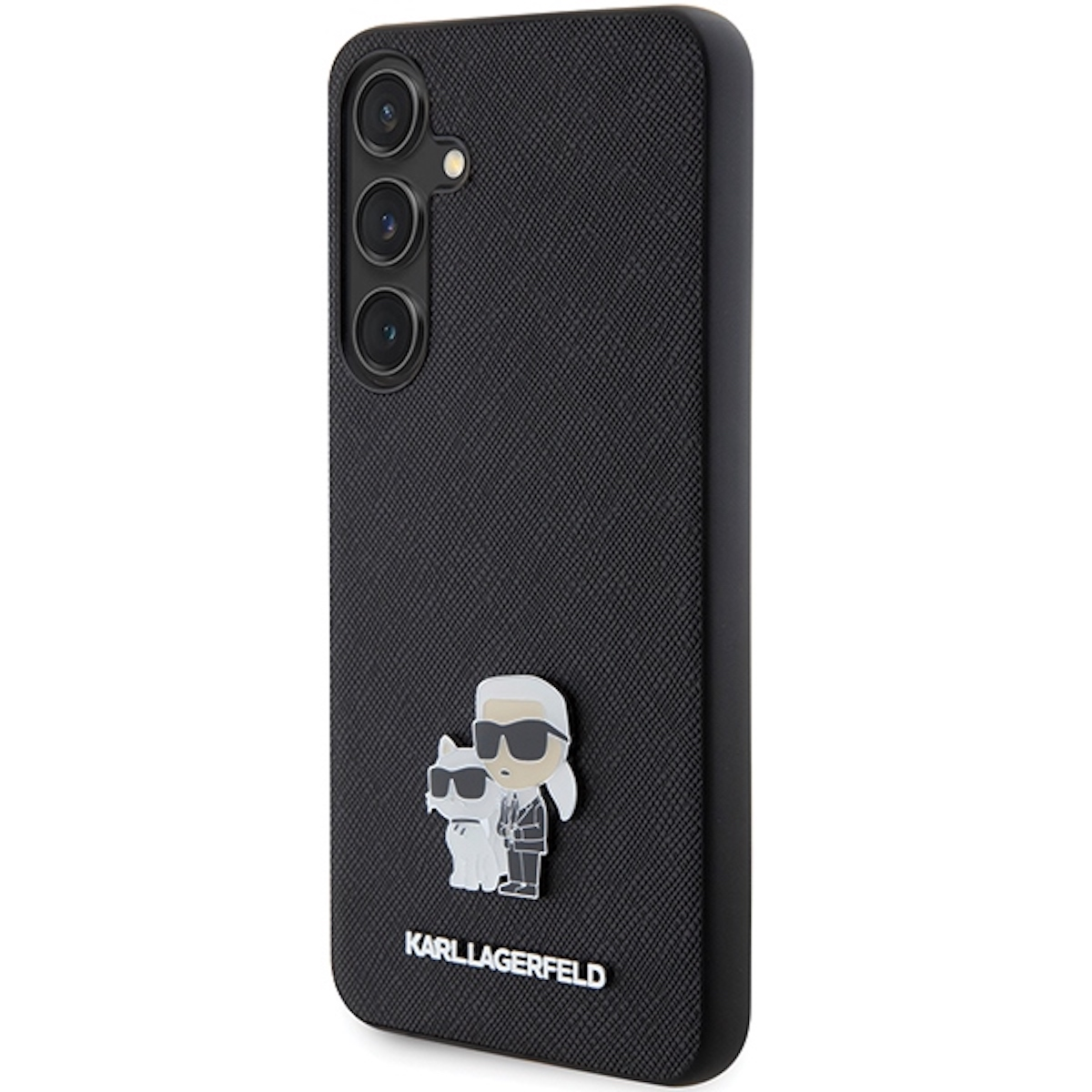 Una custodia nera per telefono con design Karl Lagerfeld, Karl e un gatto, su una superficie.