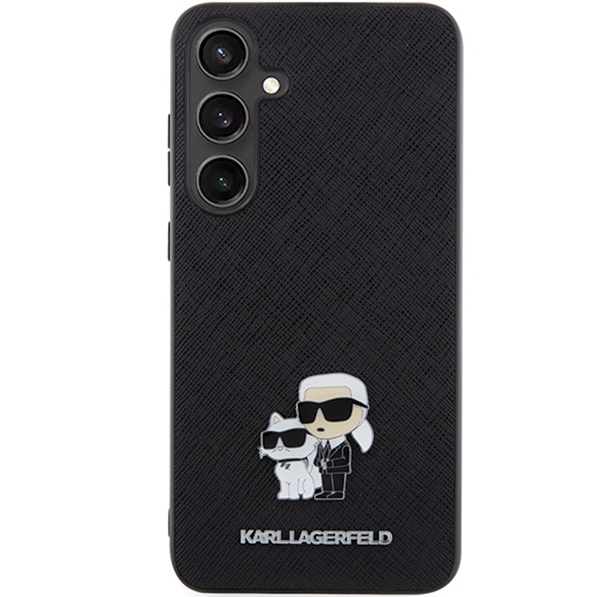Custodia per telefono nera con un design Karl Lagerfeld raffigurante un gatto e un uomo con occhiali da sole.