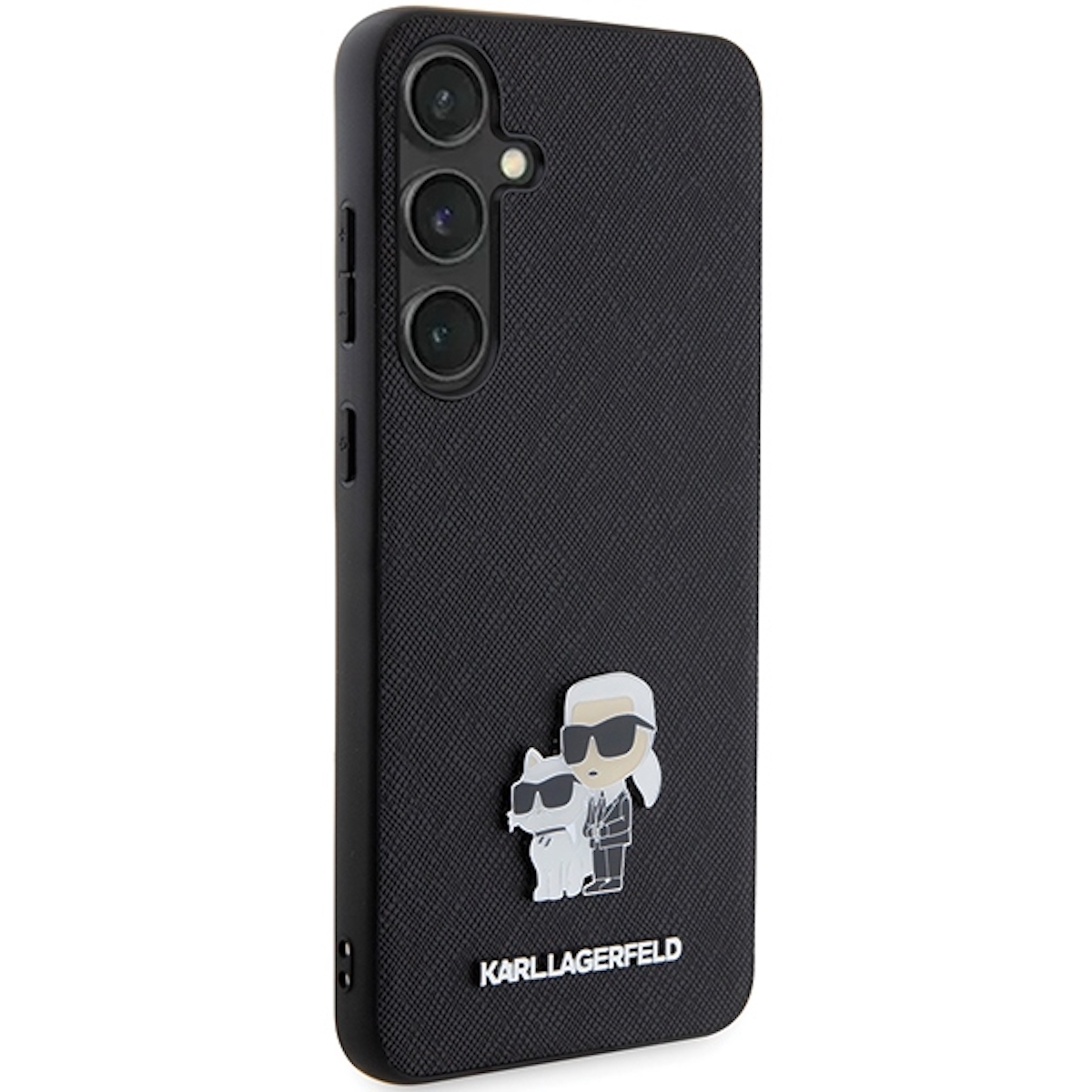 Una custodia per telefono nera con un design di Karl Lagerfeld. Presenta il designer e il suo gatto, Choupette.
