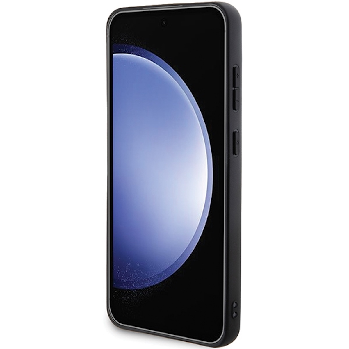 Smartphone nero in una custodia nera. Lo schermo mostra una sfumatura blu.