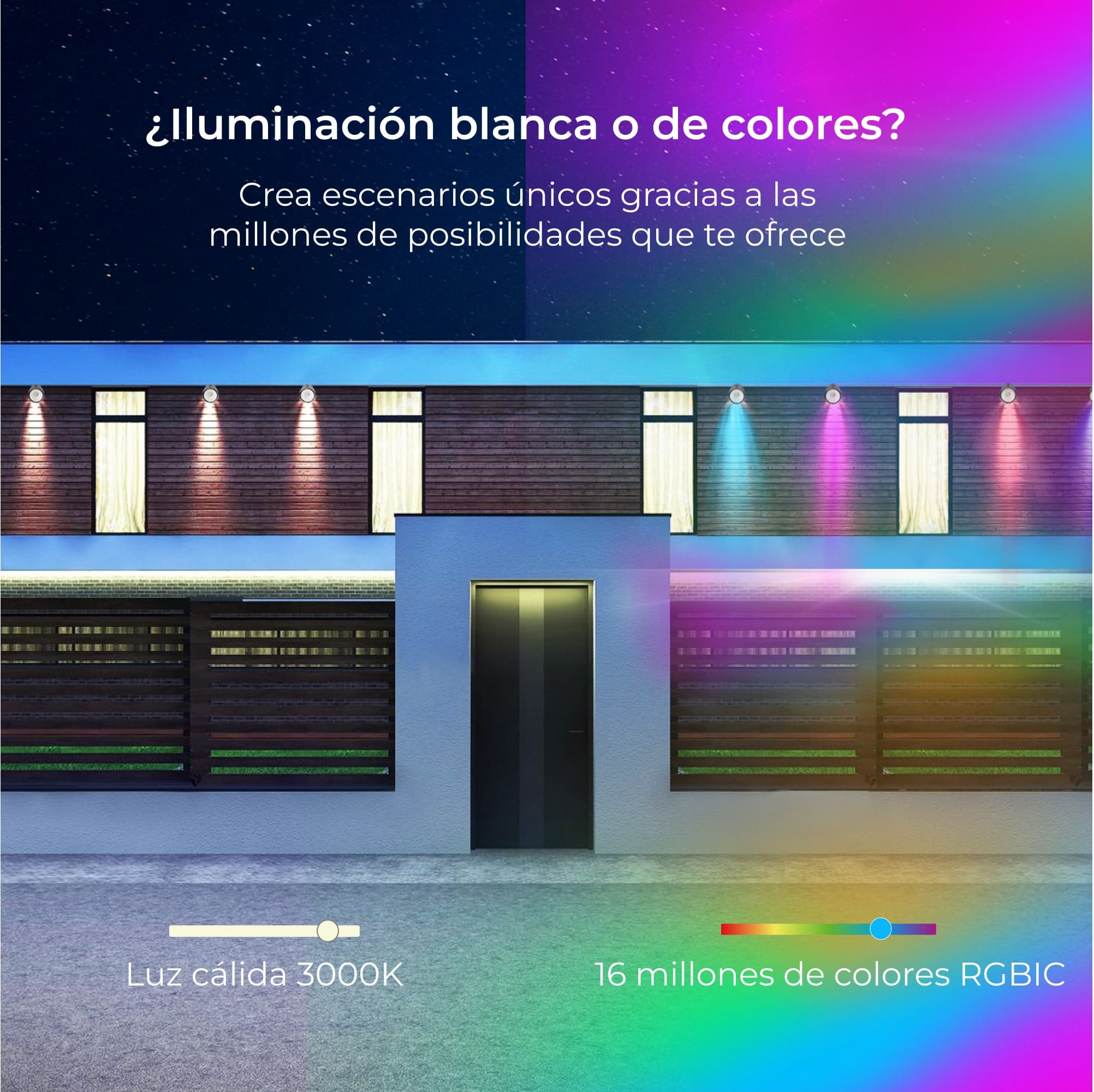 Exterior de la casa con luces, mostrando opciones de iluminación blanca y de color.