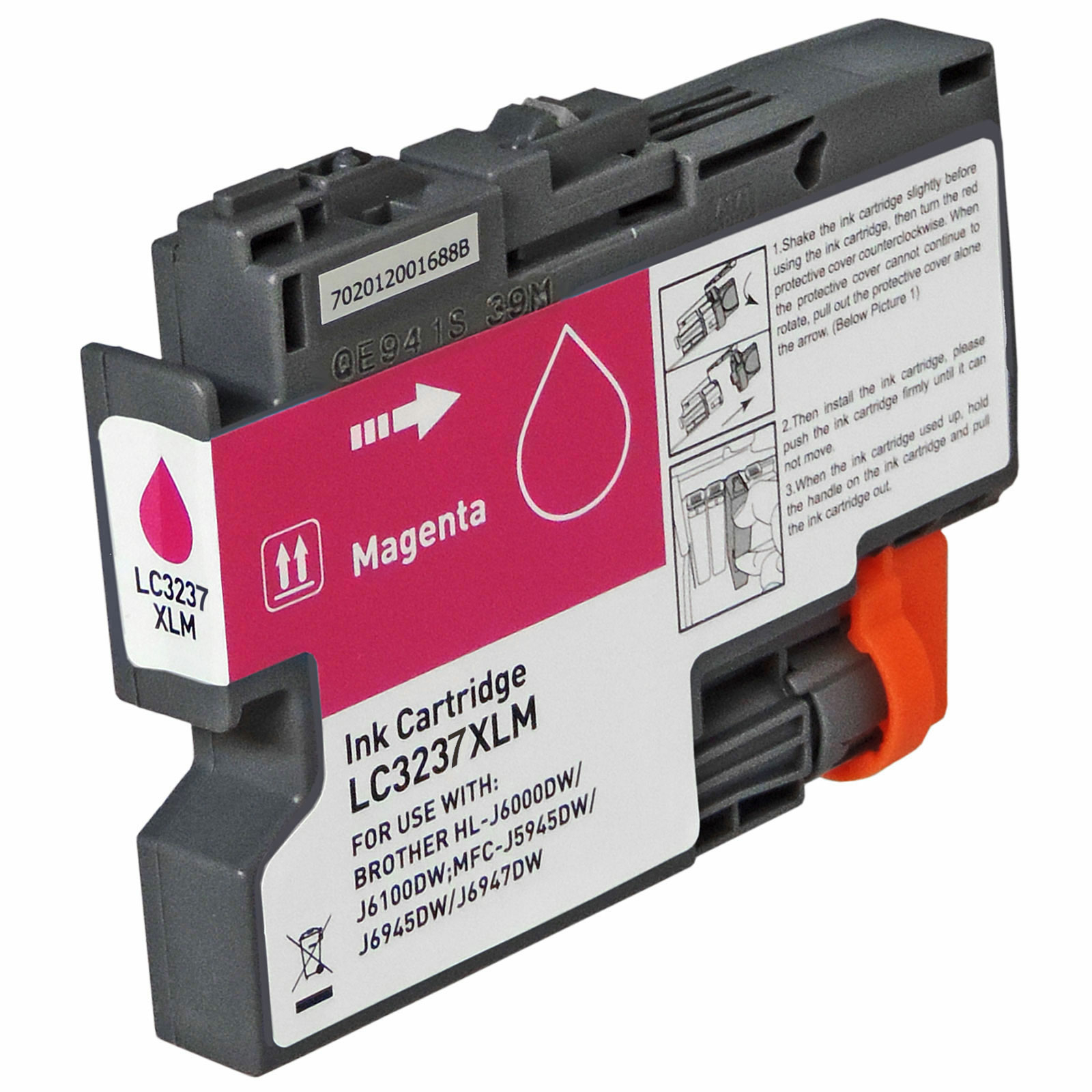 Magentafarbene Tintenpatrone mit Text und Anweisungen. Weißer Hintergrund.