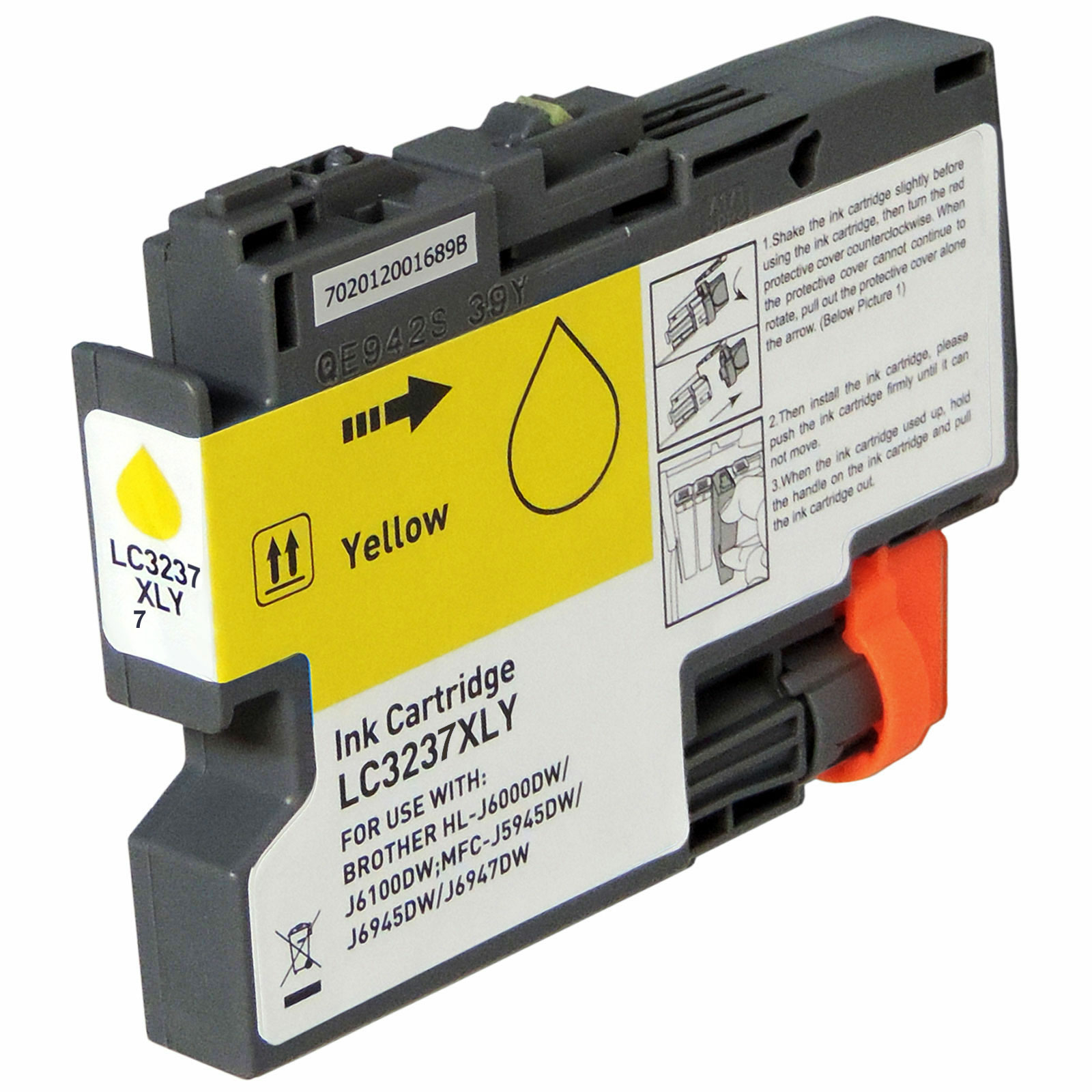 Gelbe Tintenpatrone mit Text: Yellow, LC3237XLY. Anweisungen stehen auf der Seite.