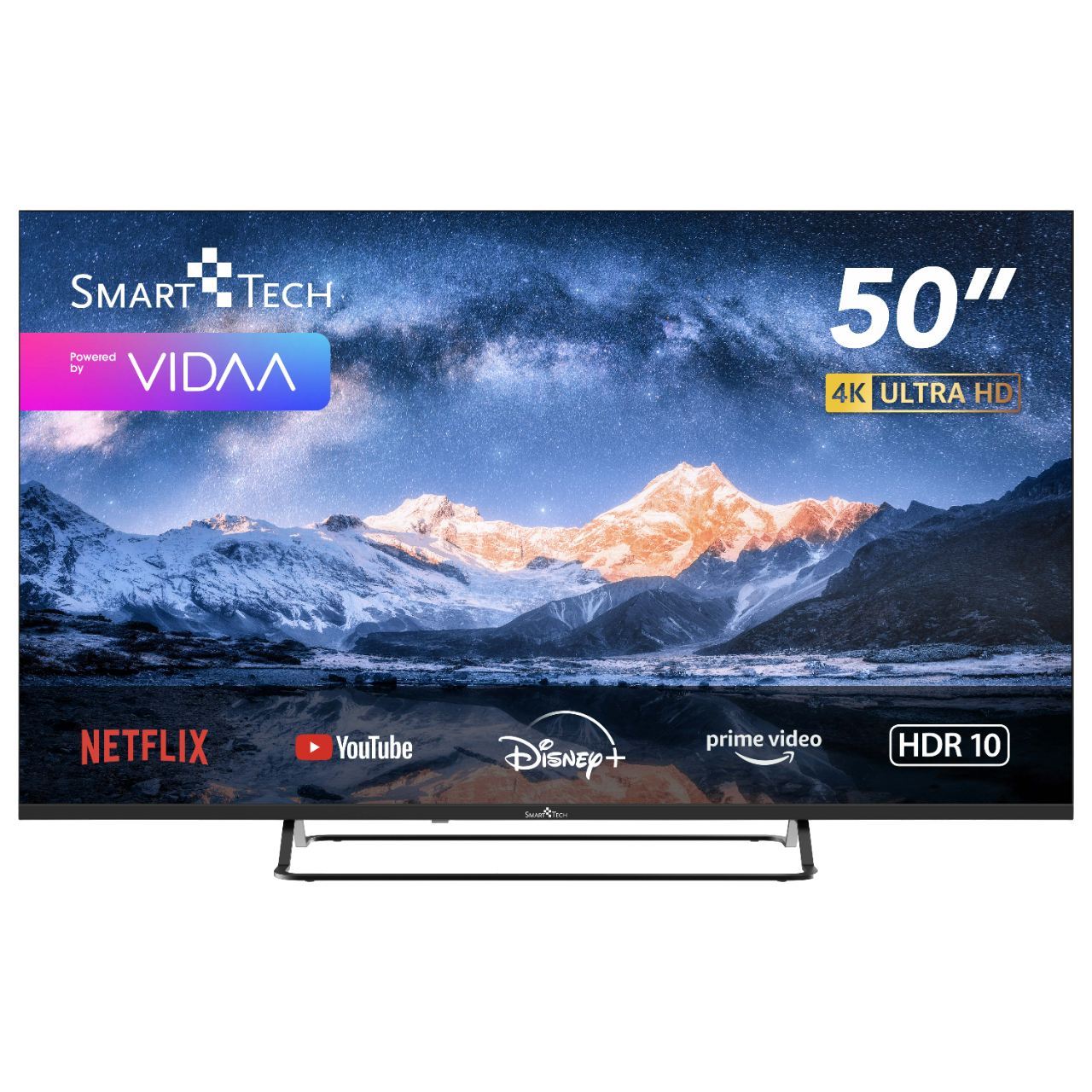50-Zoll-Fernseher, der eine Weltraumszene mit Text zum Bildschirm und Logos für Apps anzeigt.