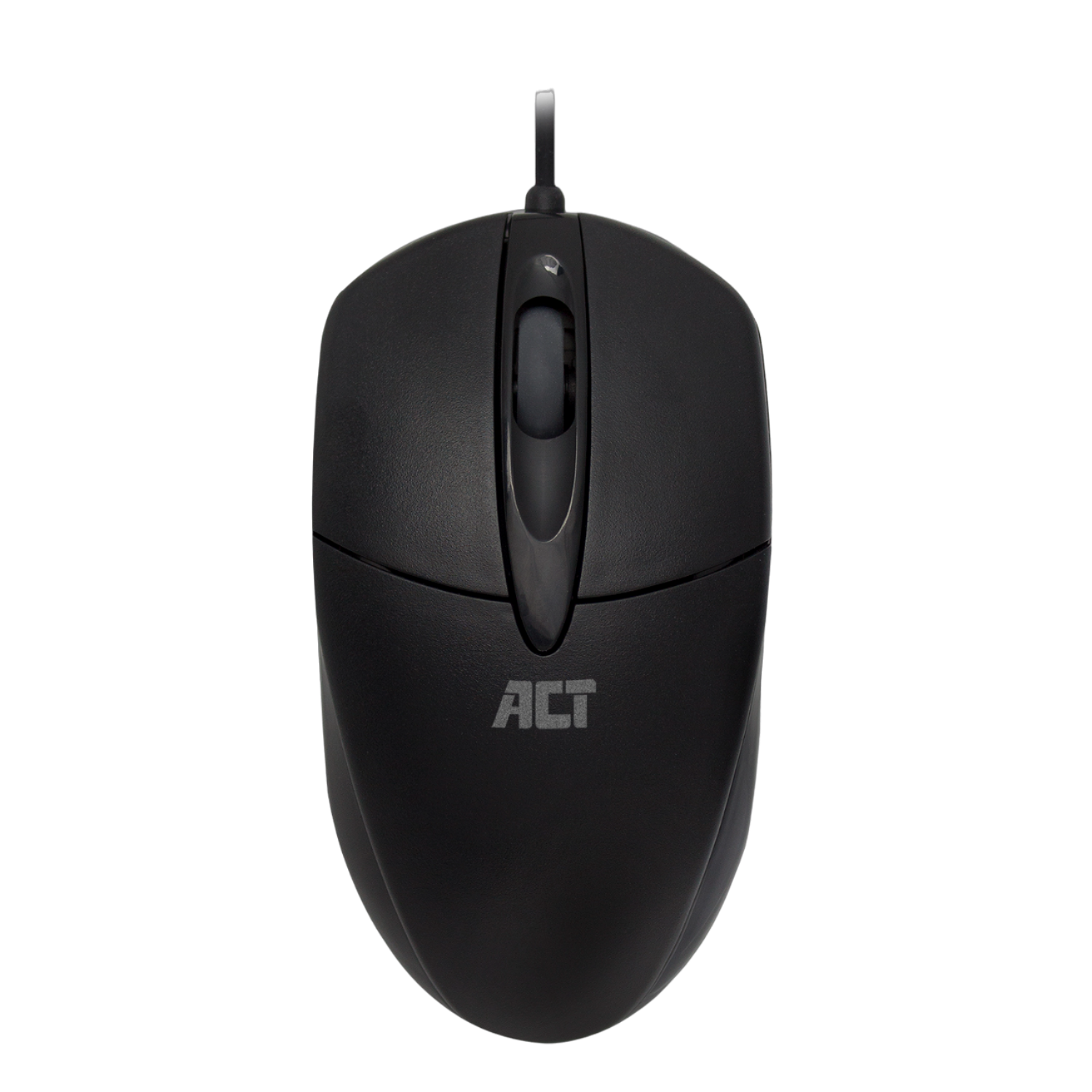 Black computer mouse on black background. It is a wired mouse with a scroll wheel.