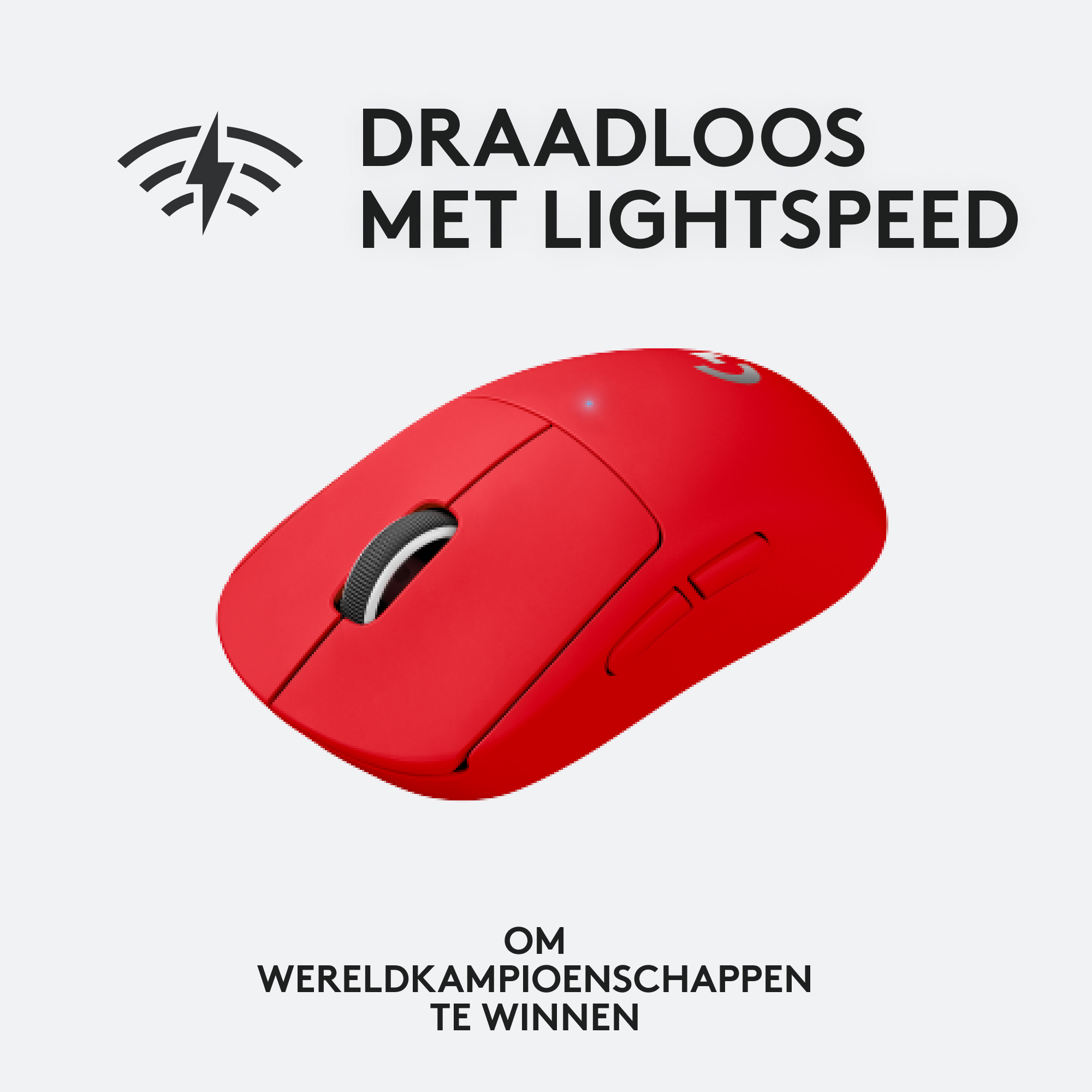 Czerwona mysz bezprzewodowa na białym tle. Widoczny tekst 'DRAADLOOS MET LIGHTSPEED'.