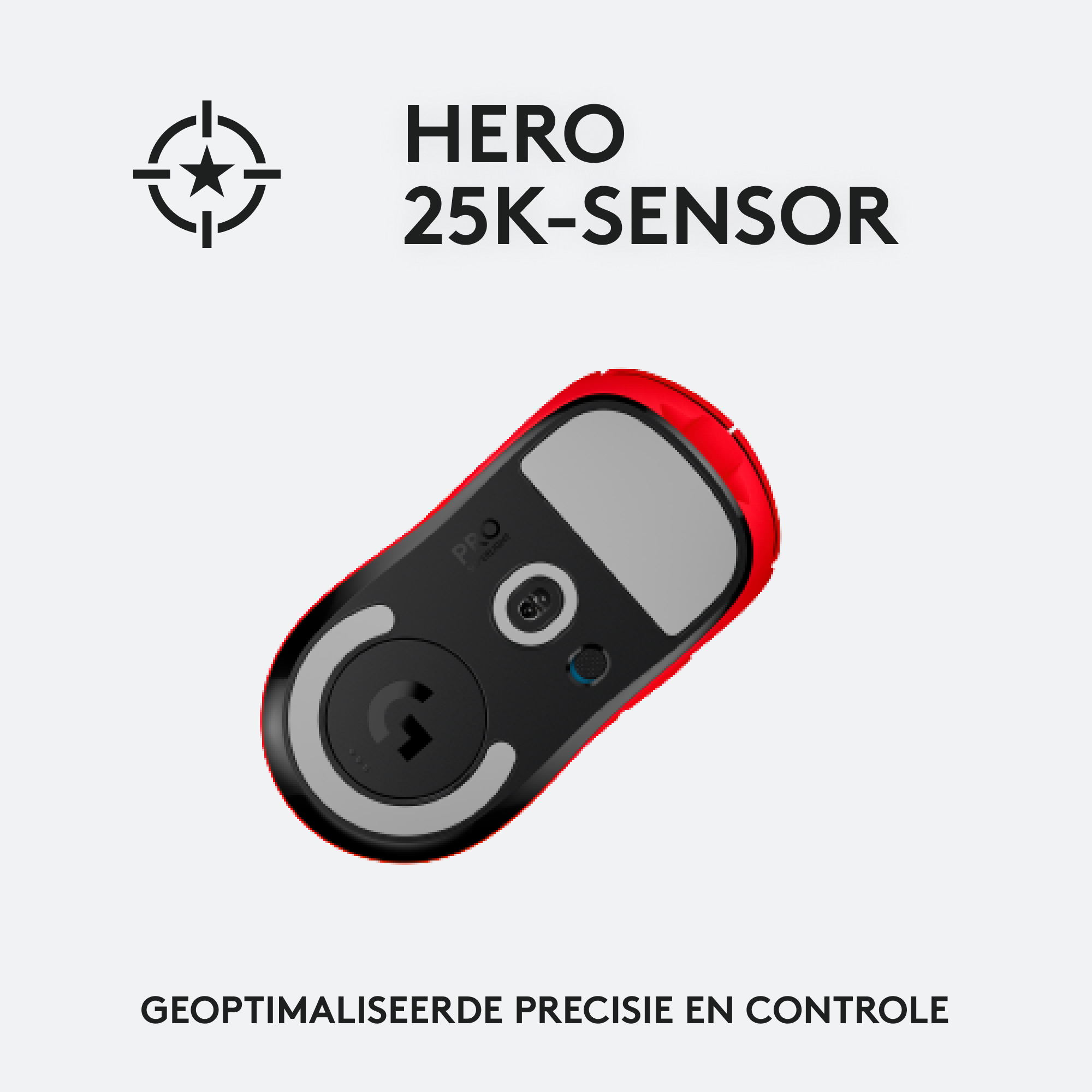 Czarna i czerwona mysz do gier z tekstem Hero 25K-SENSOR i Geoptimaliseerde precisie en controle.