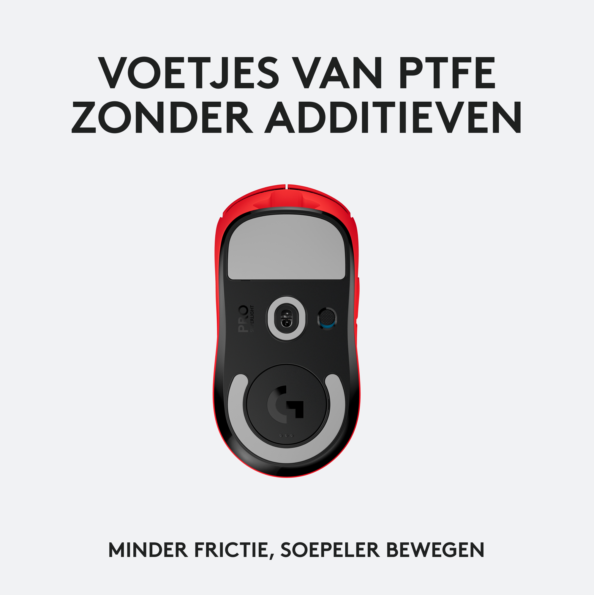 Spód myszy, czerwony i czarny, białe tło. Tekst: 'Nóżki z PTFE bez dodatków'.
