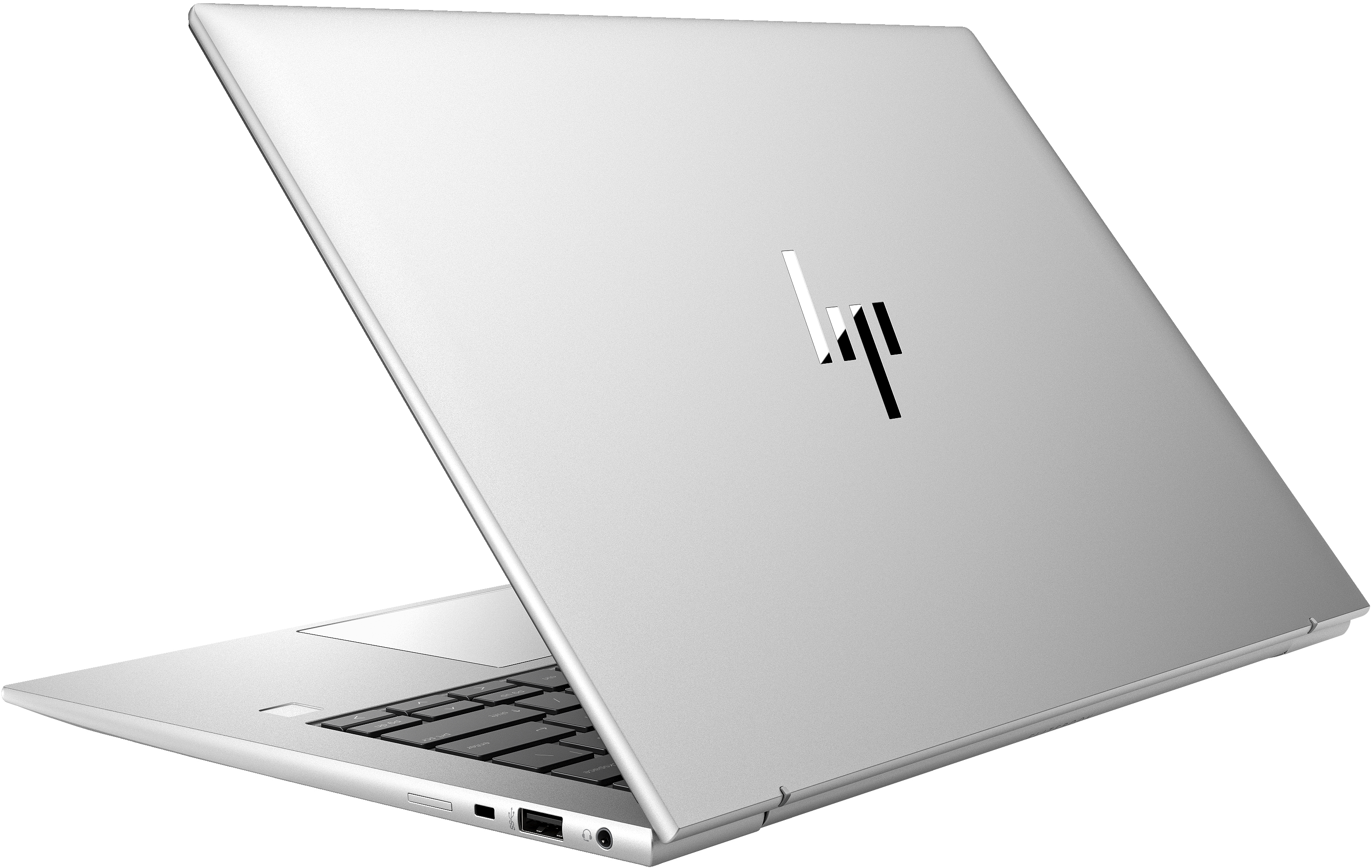 Silberner Laptop, geöffnet, zeigt die Rückseite mit Logo, vor weißem Hintergrund.