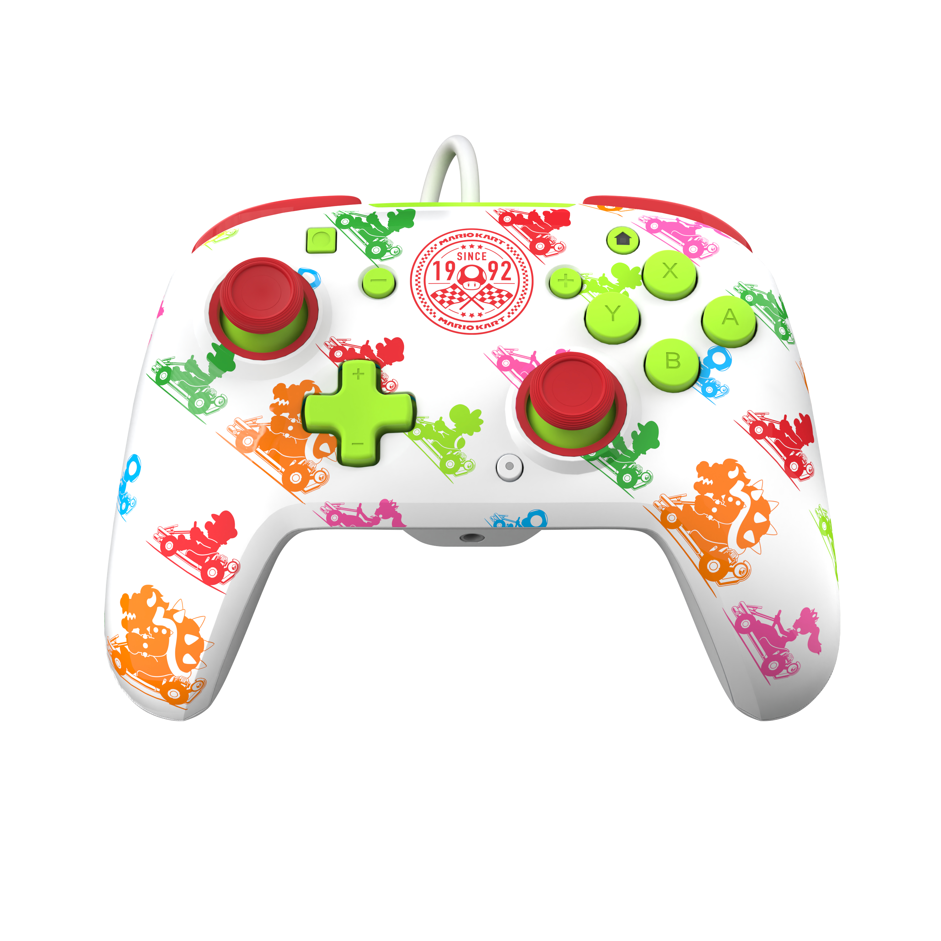 Biały kontroler Mario Kart z kolorowymi postaciami i przyciskami.