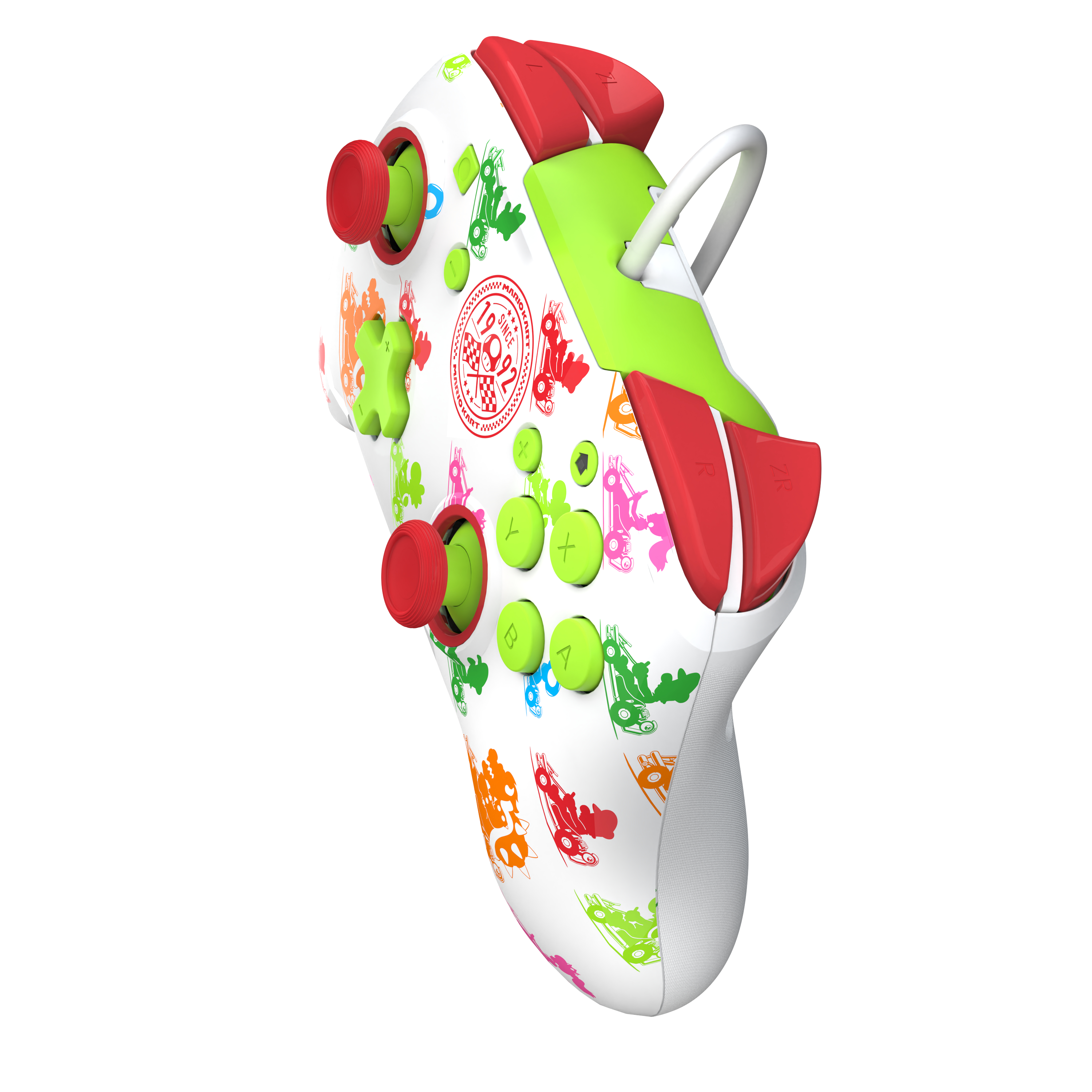 Biały i kolorowy kontroler do gier. Zielone i czerwone przyciski i gałki. Ozdobiony figurkami.