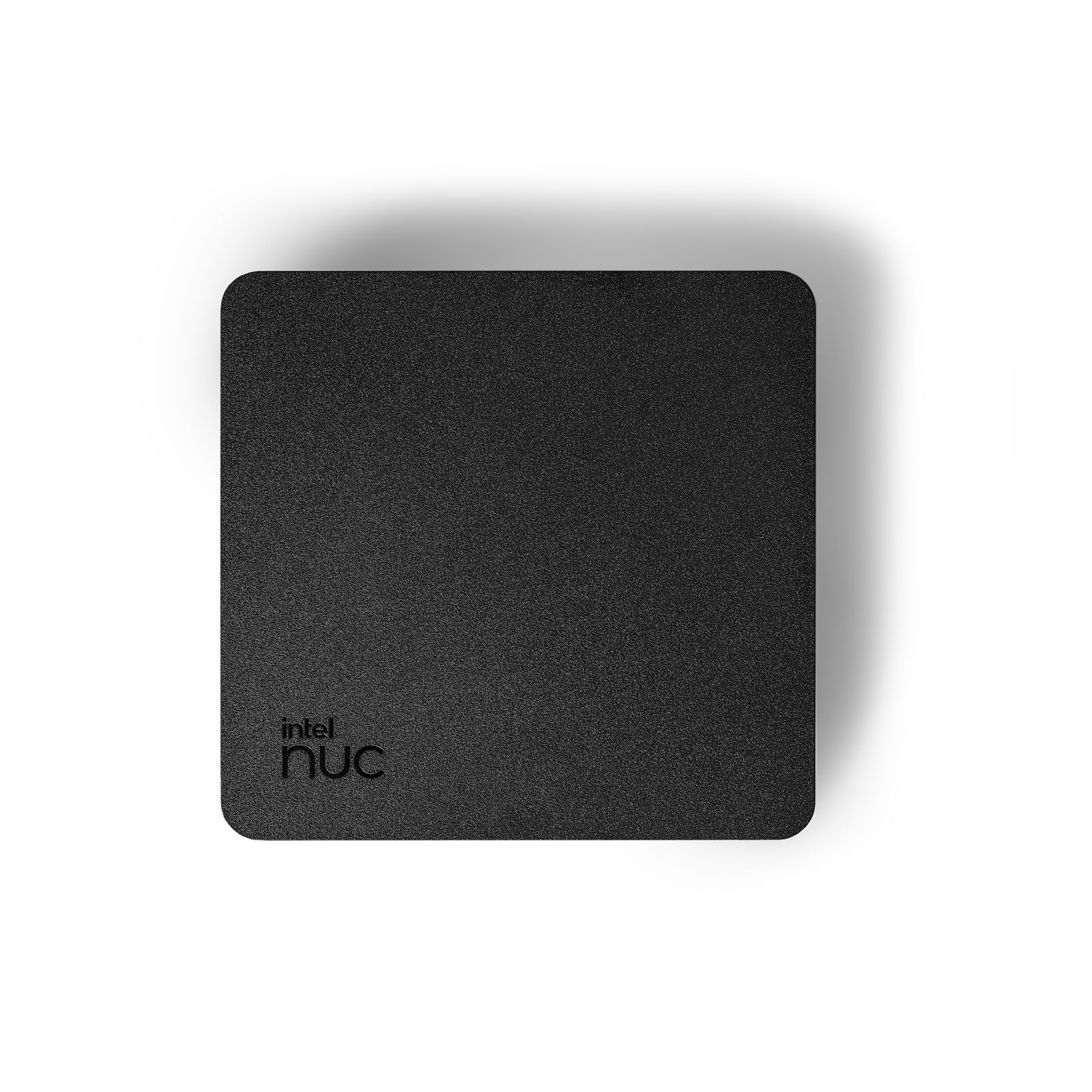 Draufsicht auf ein schwarzes, quadratisches Intel NUC-Gerät mit dem Intel NUC-Logo.