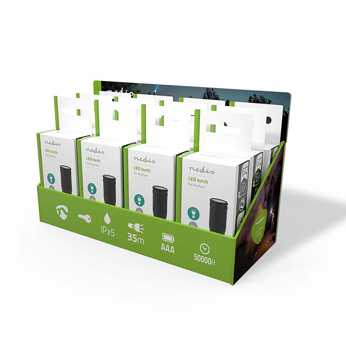 Una vitrina con múltiples linternas LED de llavero dispuestas en cajas, con información del producto visible.