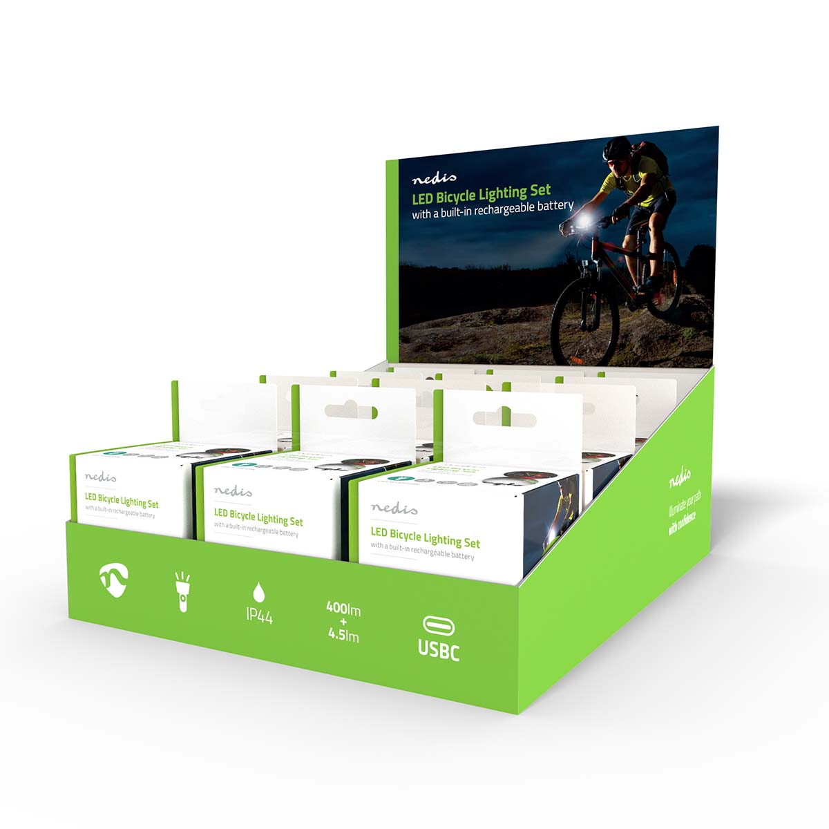 Ausstellung von LED-Fahrradlichtern in einer grünen Box. Die Lichter sind in einzelnen Boxen.