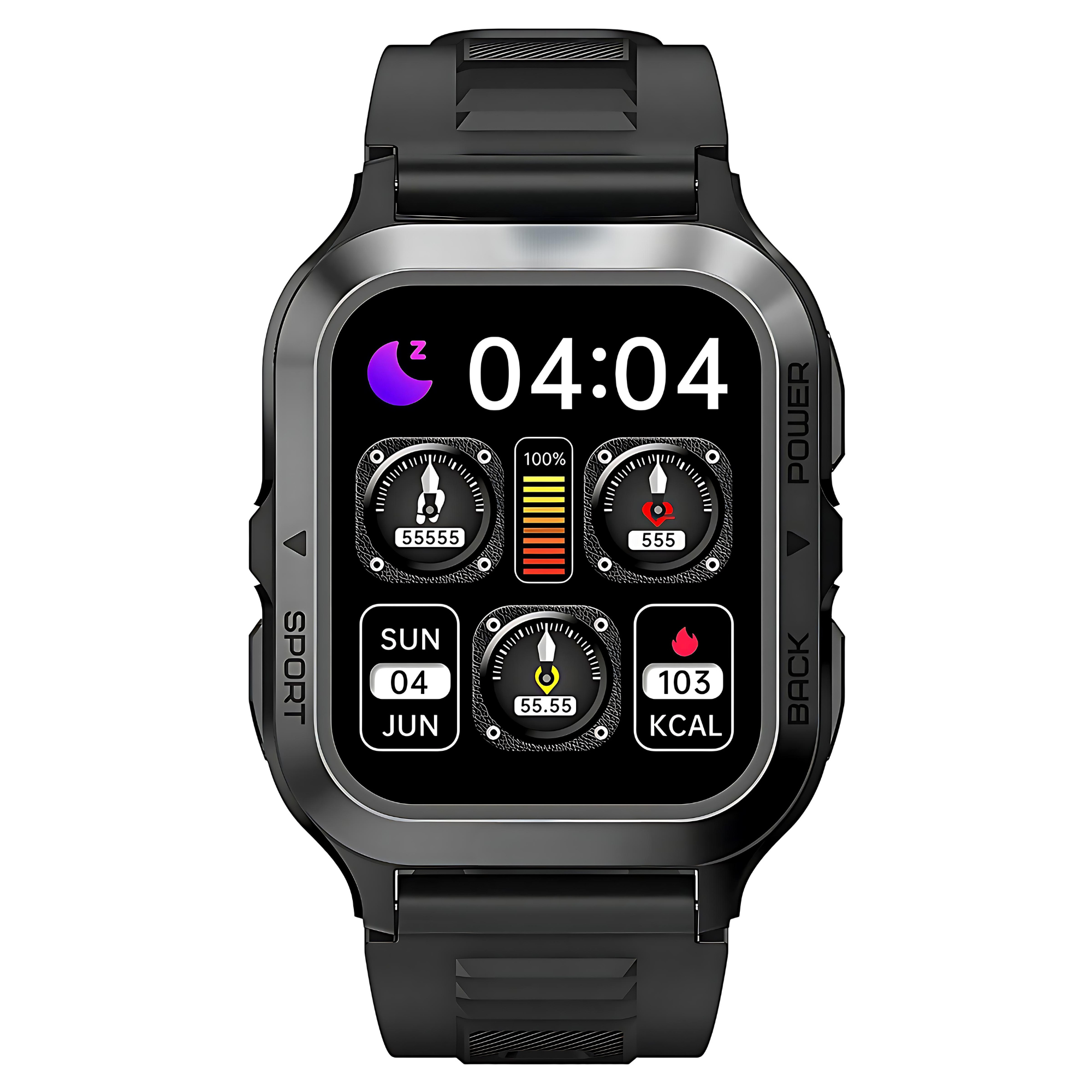 Czarny i szary smartwatch, pokazujący wskaźniki zdrowia i godzinę. Zegarek ma sportowy design.